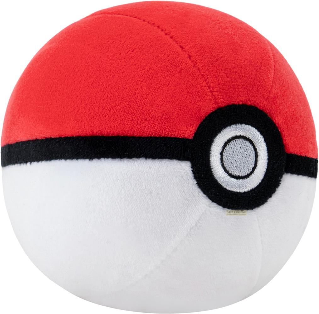 Ein Plüsch-Pokeball mit rotem Oberteil, schwarzem Band und weißem Unterteil.