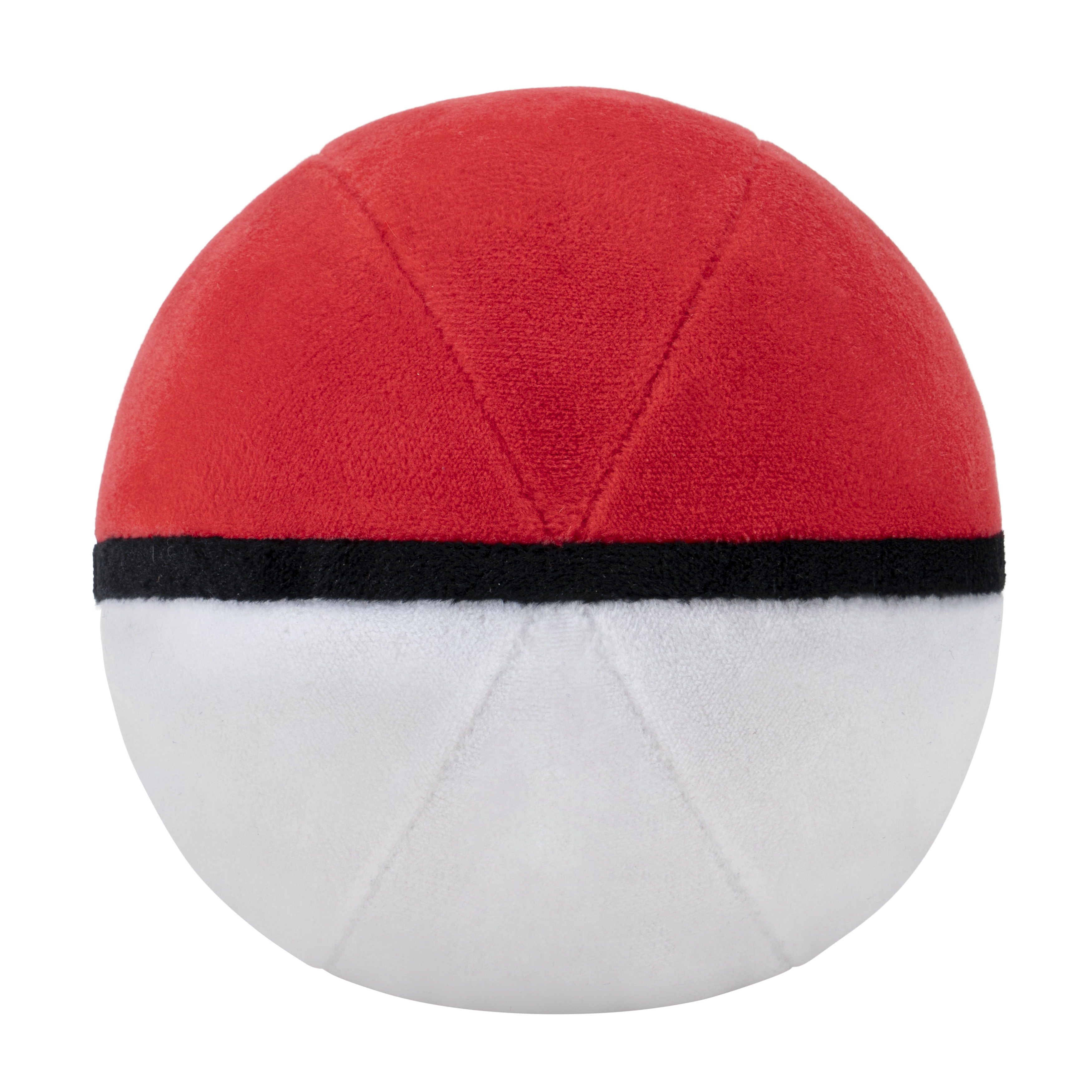 Ein roter und weißer Pokeball mit schwarzem Streifen, auf weißem Hintergrund.