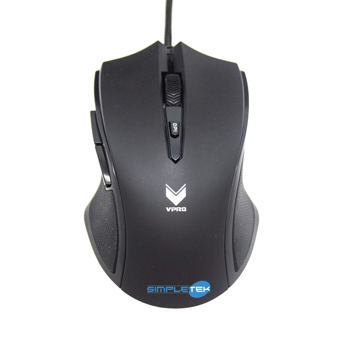 Mouse nero per computer, logo VPRO, pulsante DPI, rotella di scorrimento, sfondo bianco