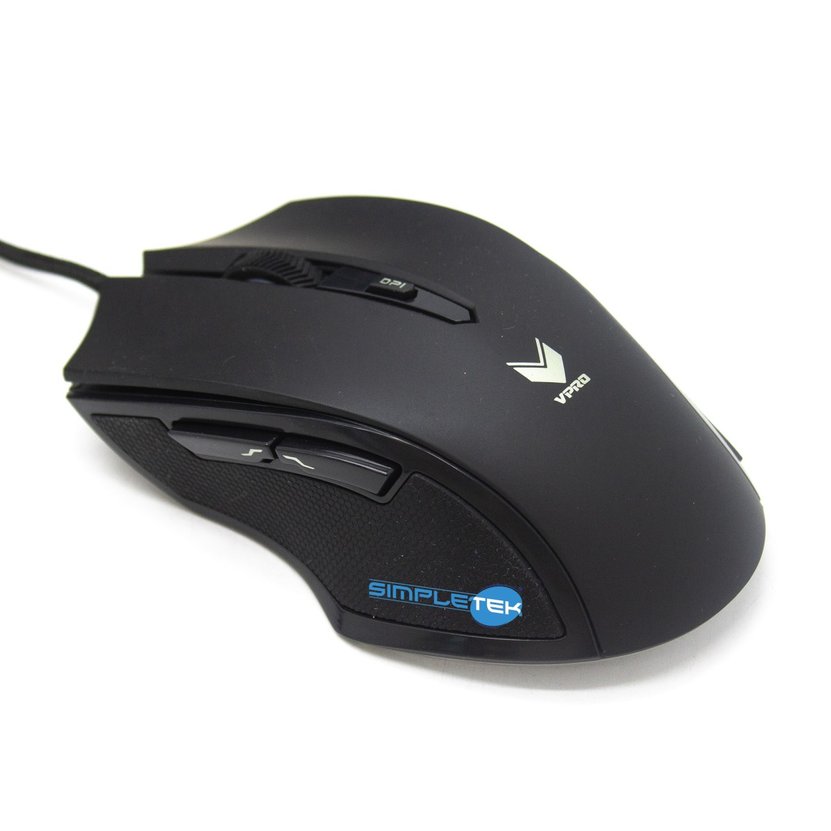Mouse gaming VPRO nero con rotellina e logo VPRO su sfondo bianco.