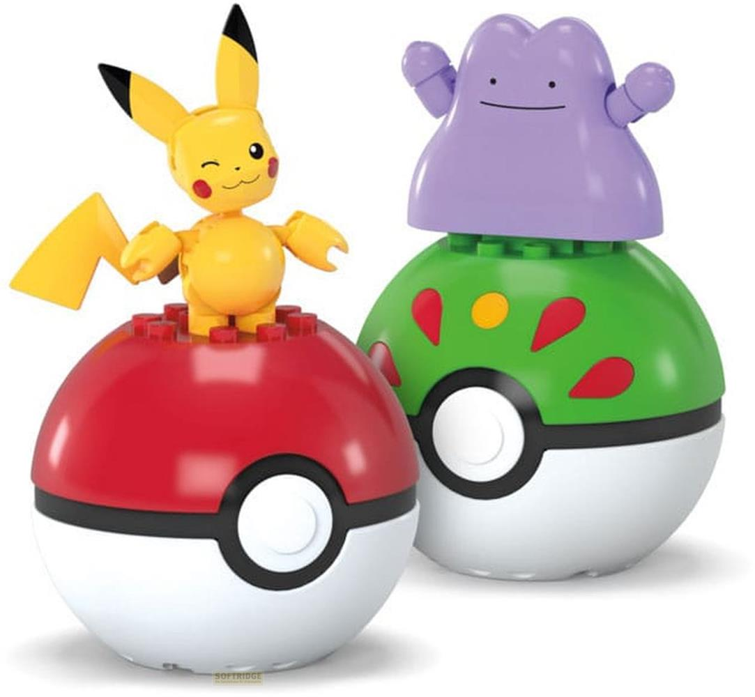 Pikachu et Ditto sur des Poké Balls en briques.