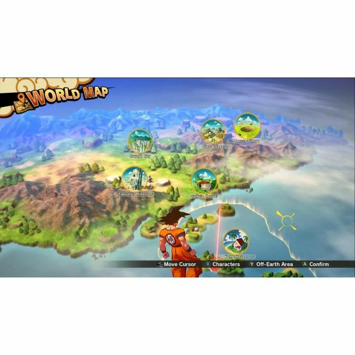 Goku su una mappa del mondo con varie località come Orange City e la casa di Goku.