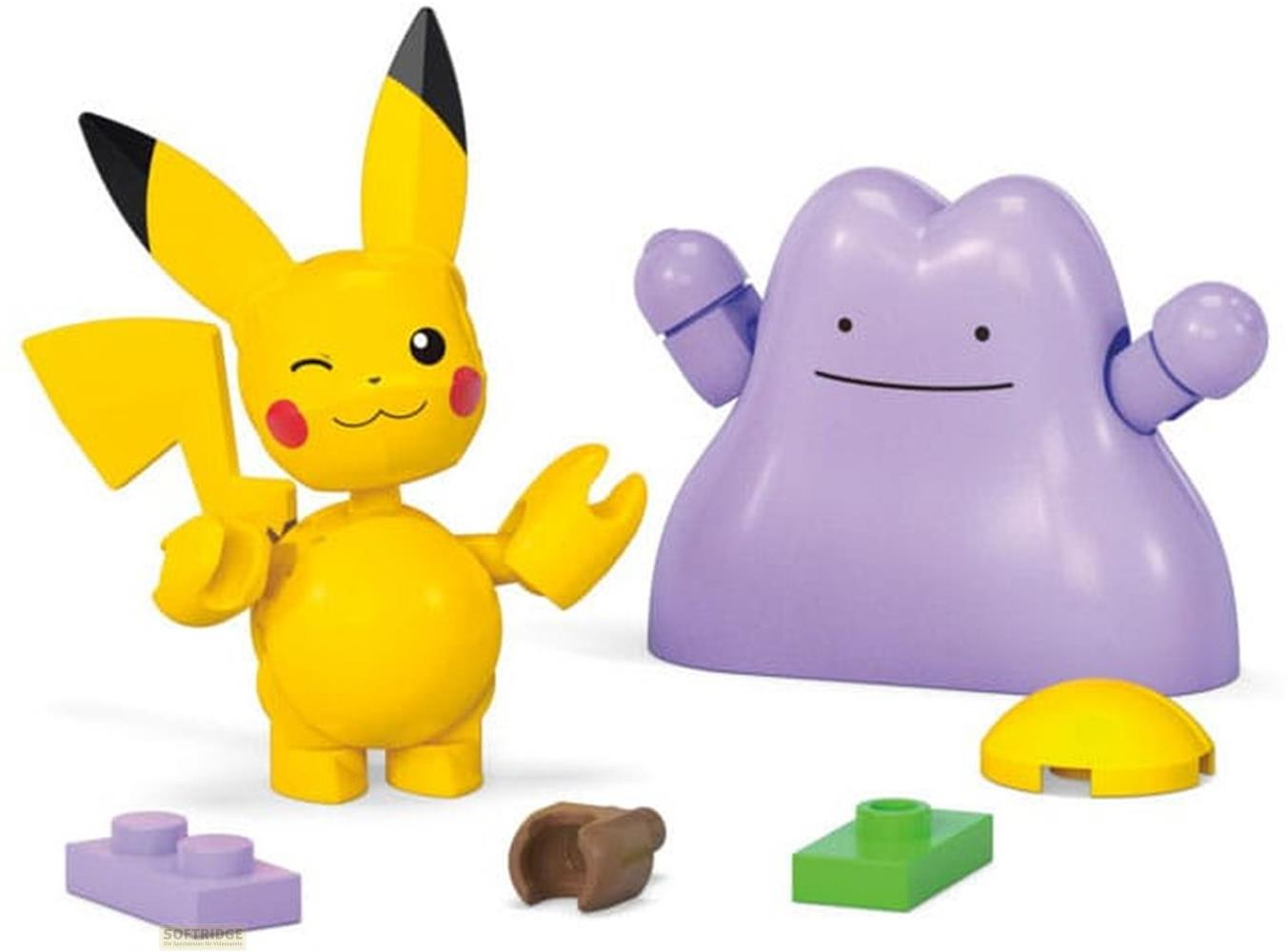Figurine Pikachu avec queue éclair et figurine Ditto côte à côte.