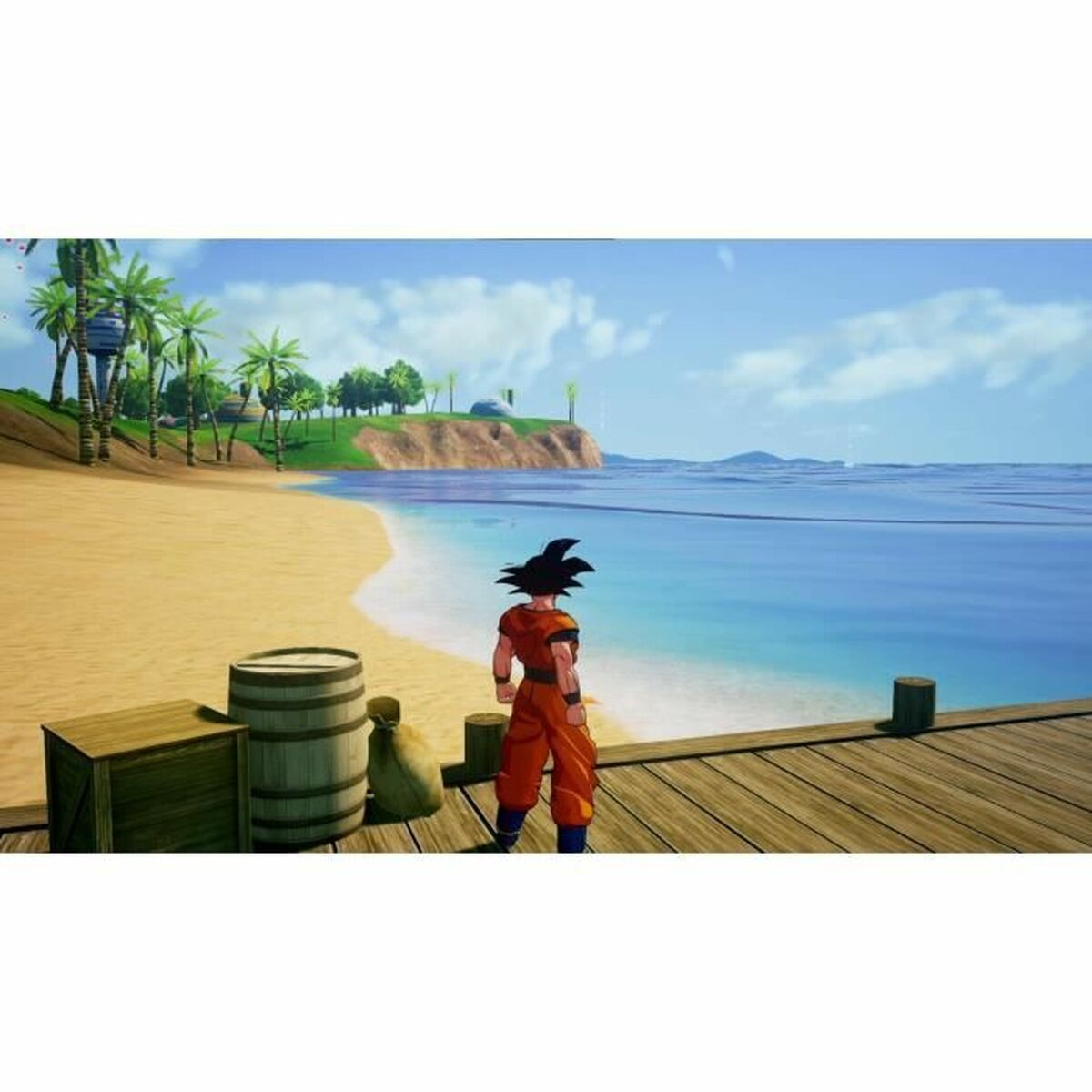 Goku si trova su un molo di legno sulla spiaggia con palme e l'oceano sullo sfondo.