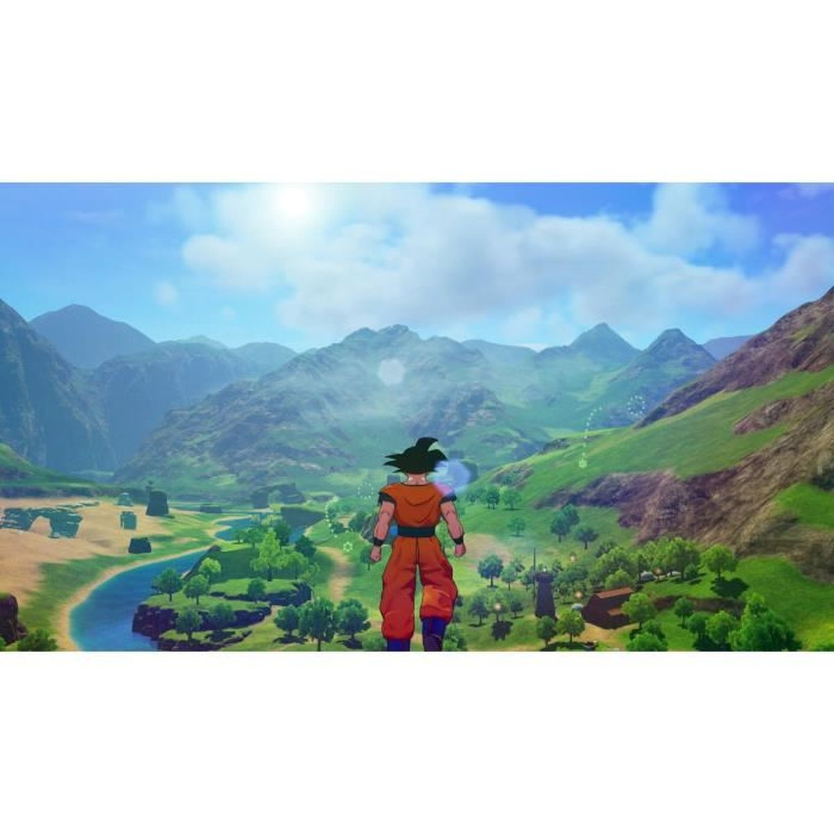 Goku si trova davanti a un vasto paesaggio con montagne, un fiume e alberi.