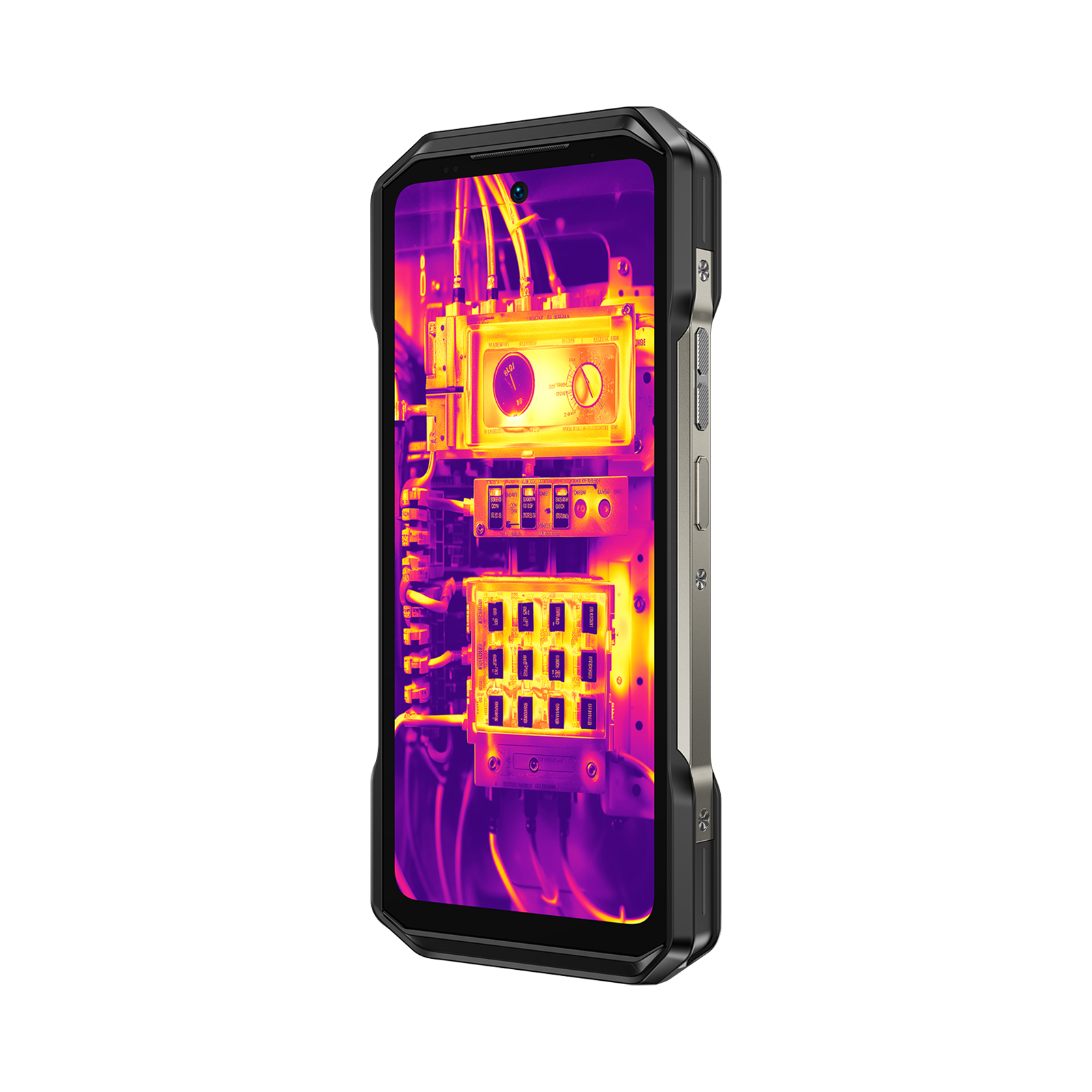 Smartphone robusto mostra immagine termica di pannello elettrico con punti caldi.