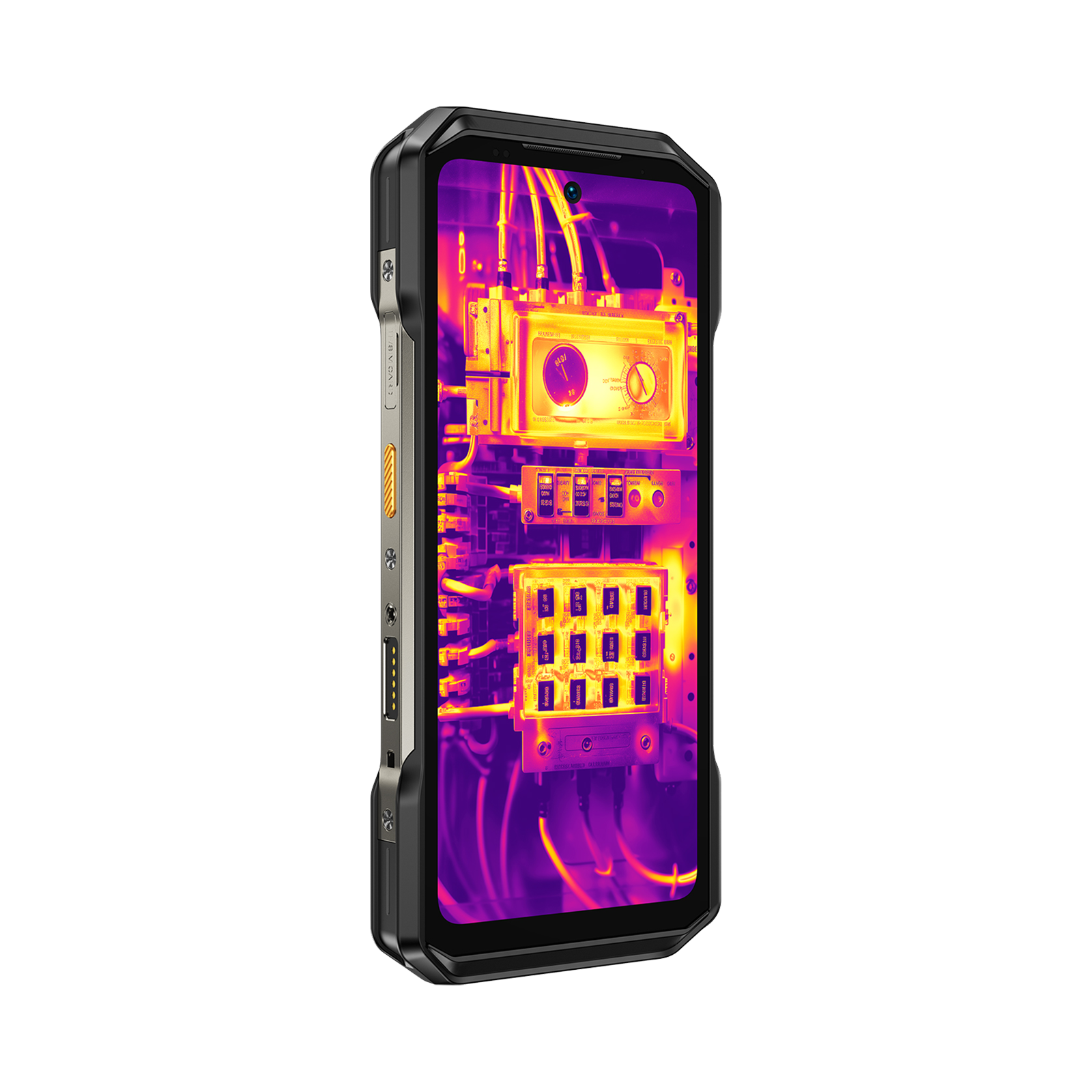 Uno smartphone mostra un'immagine termica di un quadro elettrico con toni gialli e viola.