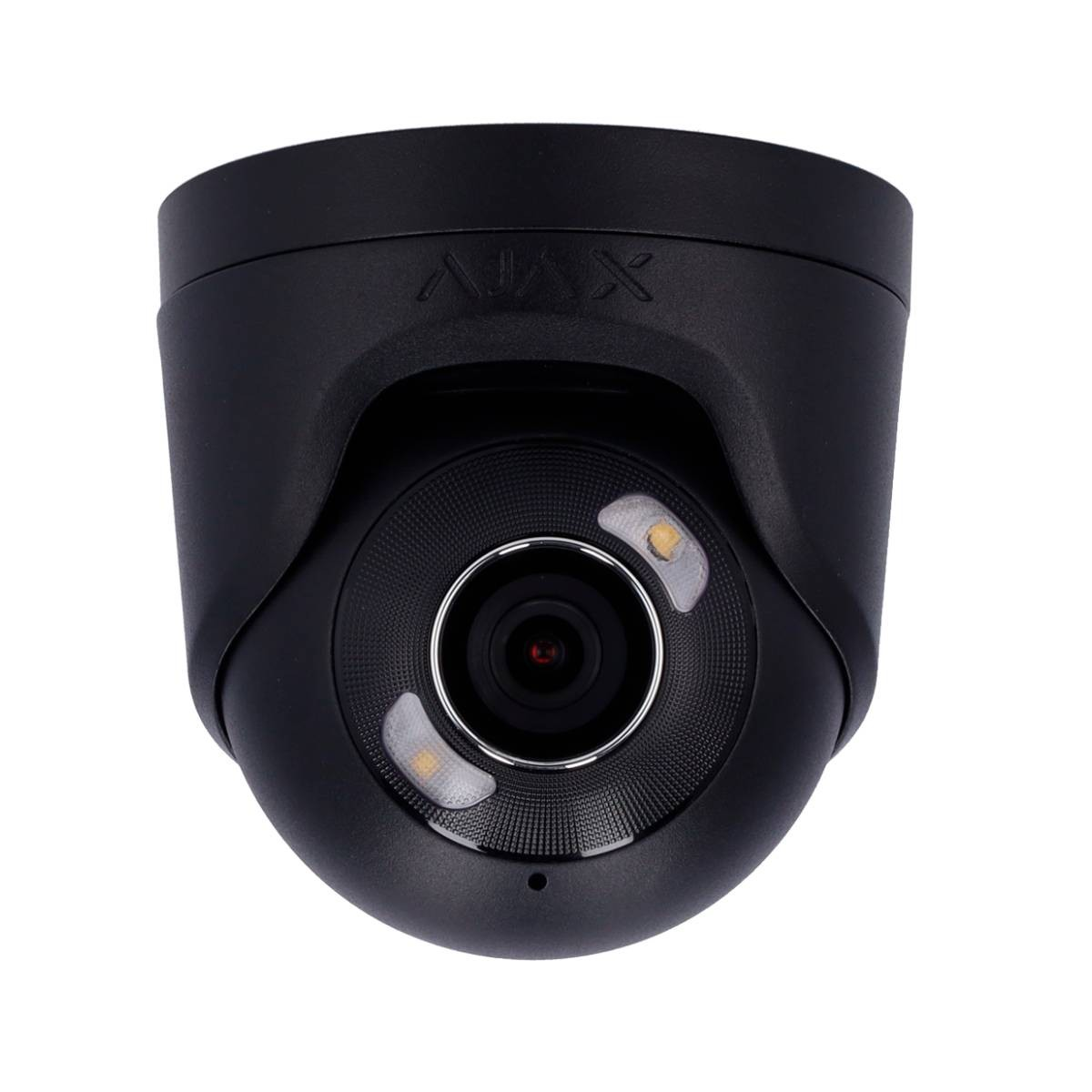 Telecamera di sicurezza nera con obiettivo, luci e logo "AJAX".