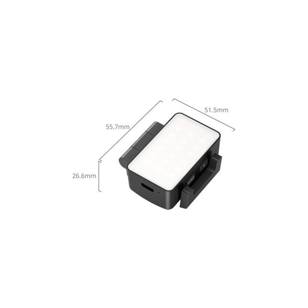 Une lumière LED noire de 51,5x55,7x26,6mm est présentée.
