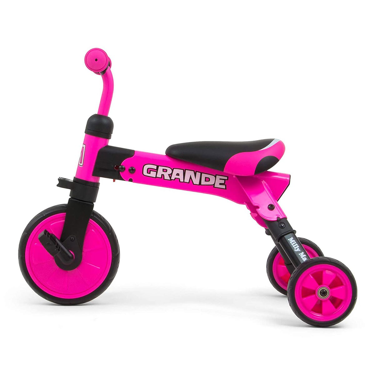 Un triciclo rosa con sella e manubrio neri. Etichettato 'GRANDE'.