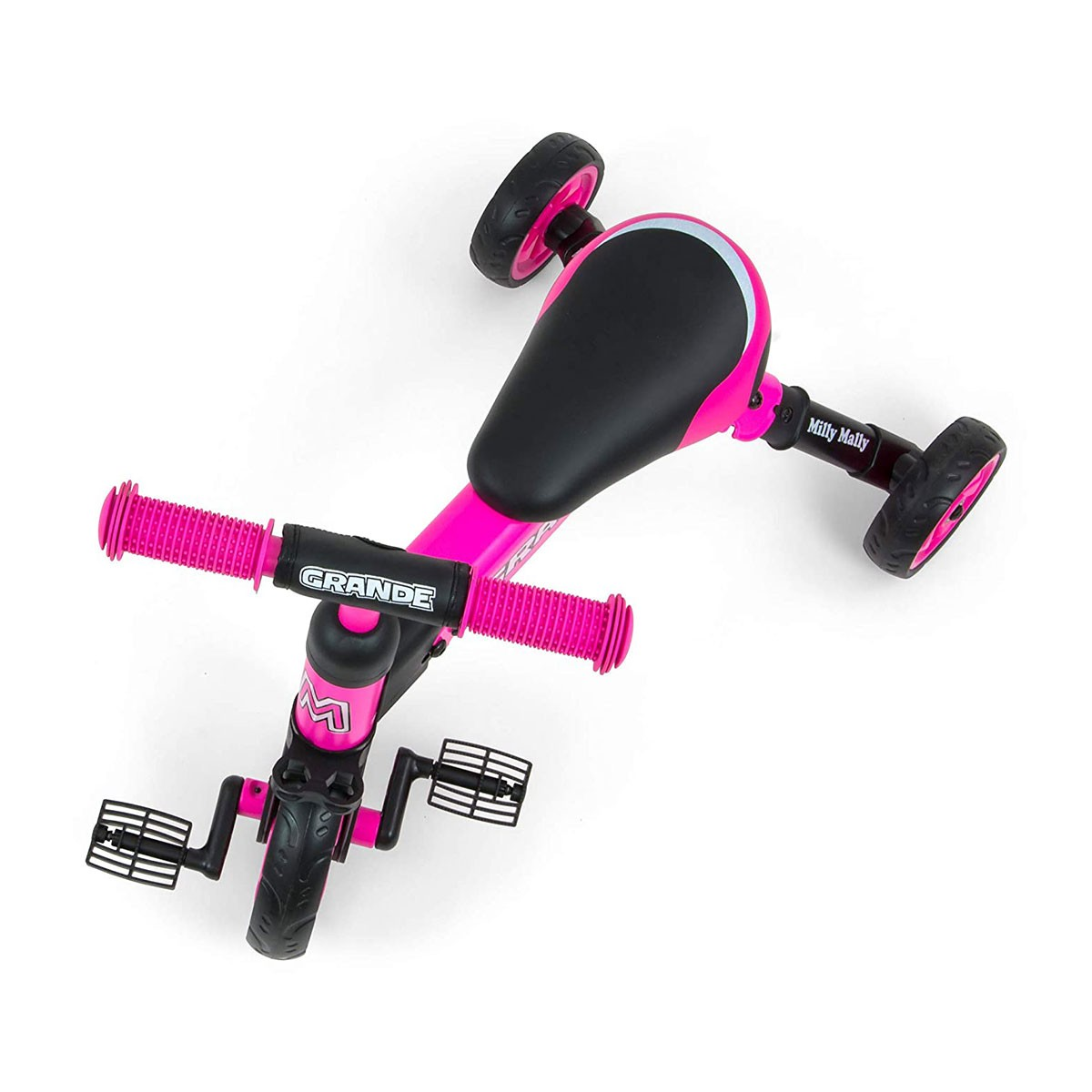 Uno scooter triciclo rosa con sedile e manubrio neri.