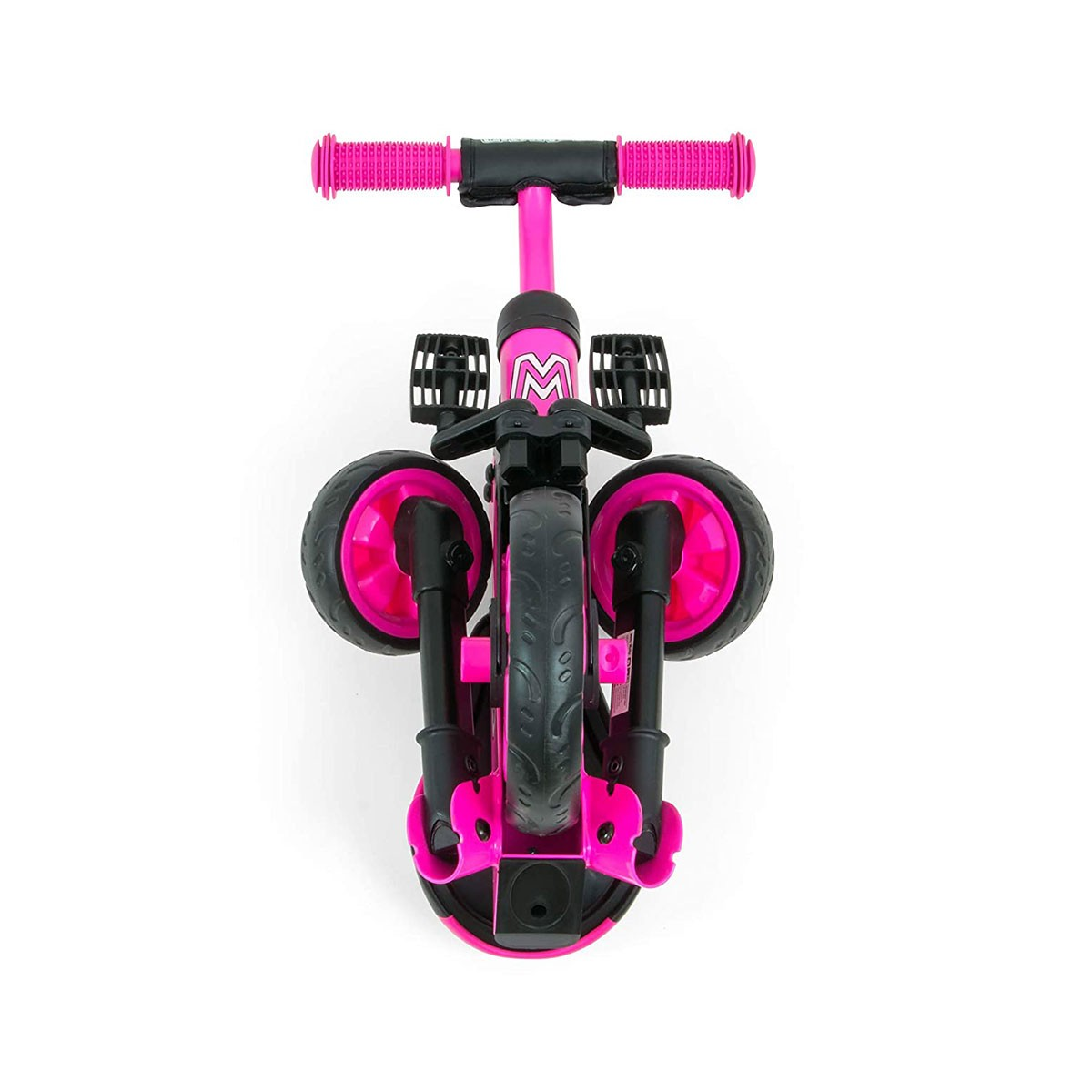 Triciclo rosa con ruote e manici neri, visto dall'alto.