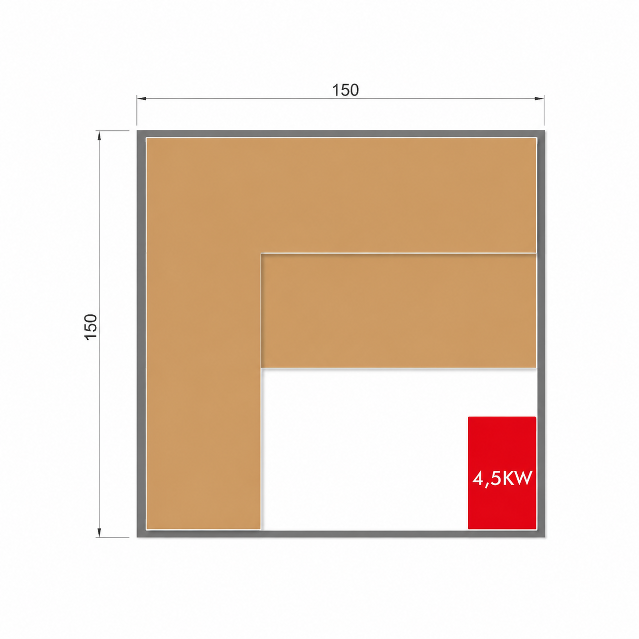 Plano de planta de 150x150, forma de L, con caja roja de 4,5KW.