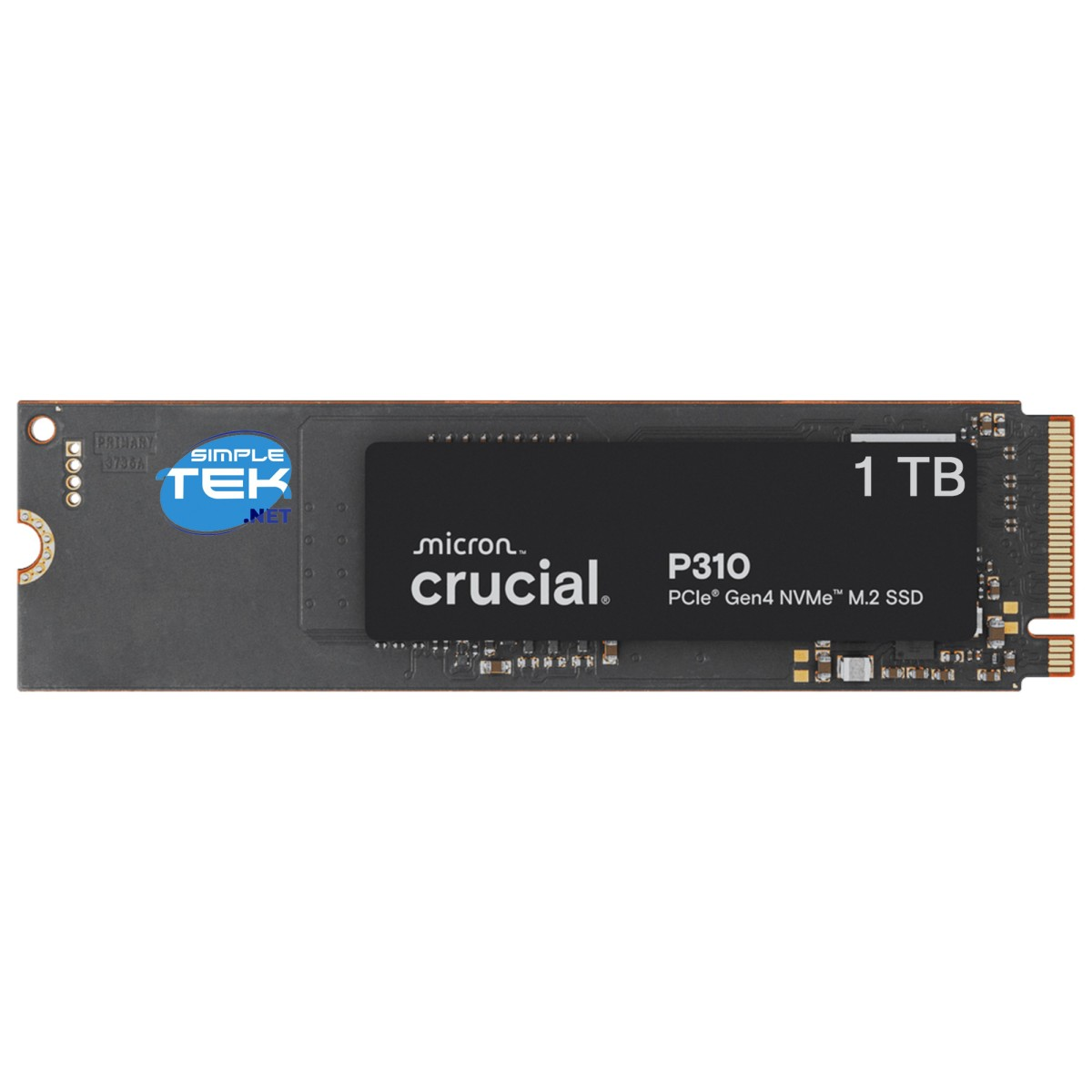 Viene mostrata una SSD M.2 NVMe Crucial P310 da 1TB con marchio SimpleTek.