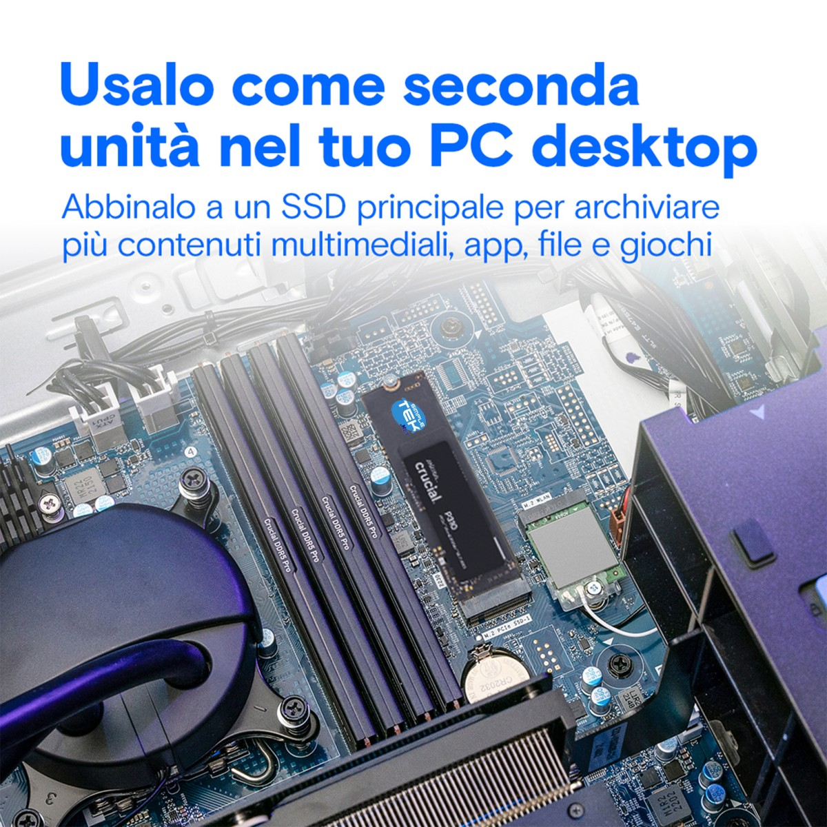 Un'unità SSD M.2 su una scheda madre di computer con moduli RAM.