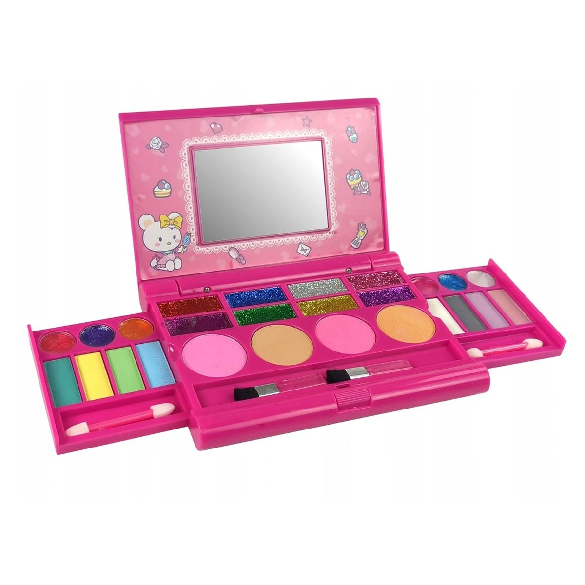 Una palette trucco rosa per bambini con ombretti, fard e applicatori. Decorata con simpatici orsetti.