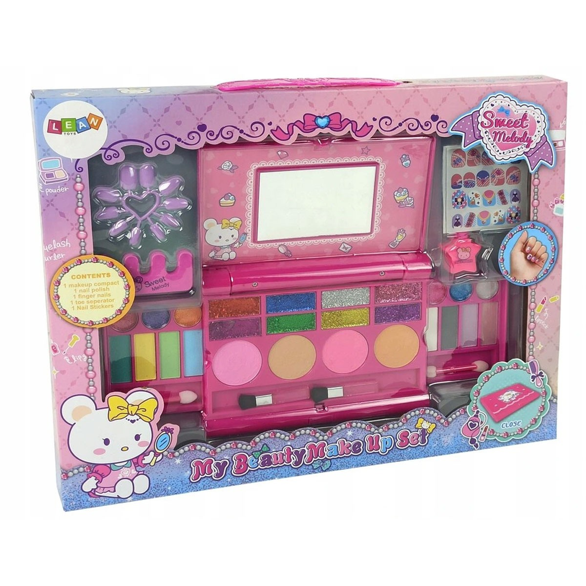 Un set di trucchi rosa per bambini con ombretti, rossetti e smalto per unghie.