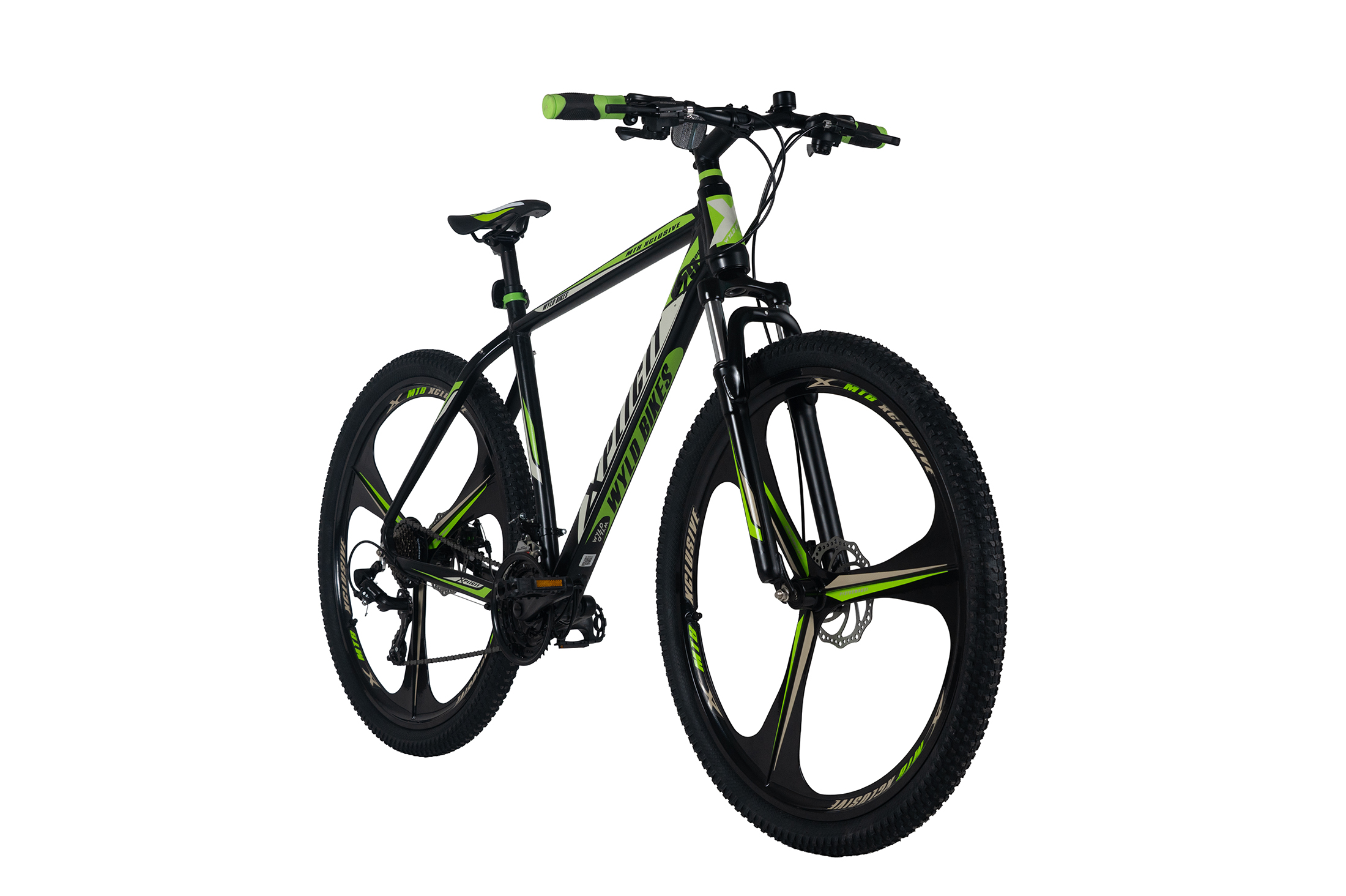 Ein schwarzes Mountainbike mit grünen Akzenten und Scheibenbremsen.