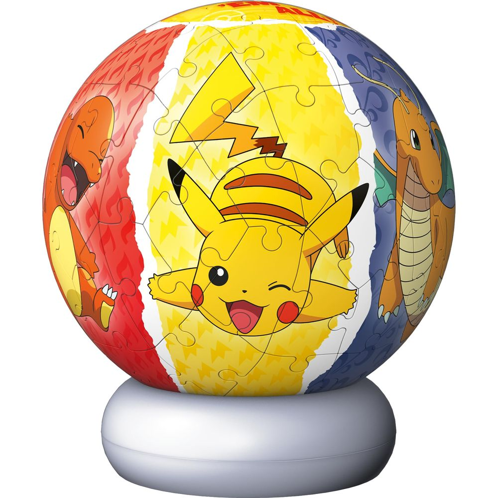 Puzzle rond Pokémon avec Pikachu, Salamèche et Dracolosse sur fond coloré.