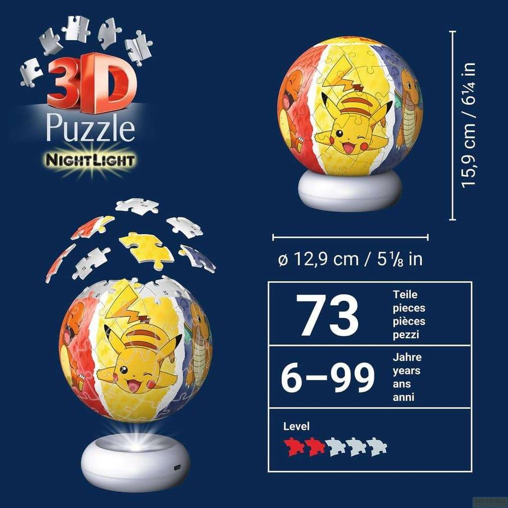Puzzle 3D Pokémon de 73 pièces, veilleuse, diamètre 12,9 cm.