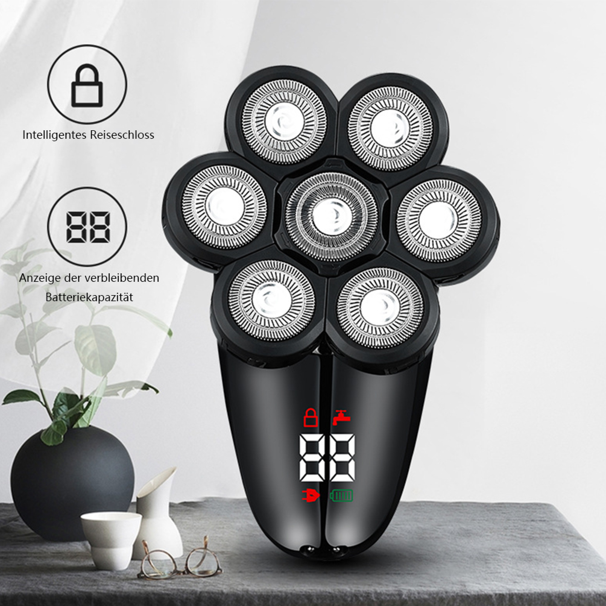 Elektrischer Rasierer mit 7 Scherköpfen, Ladeanzeige und Reiseschloss-Symbol.