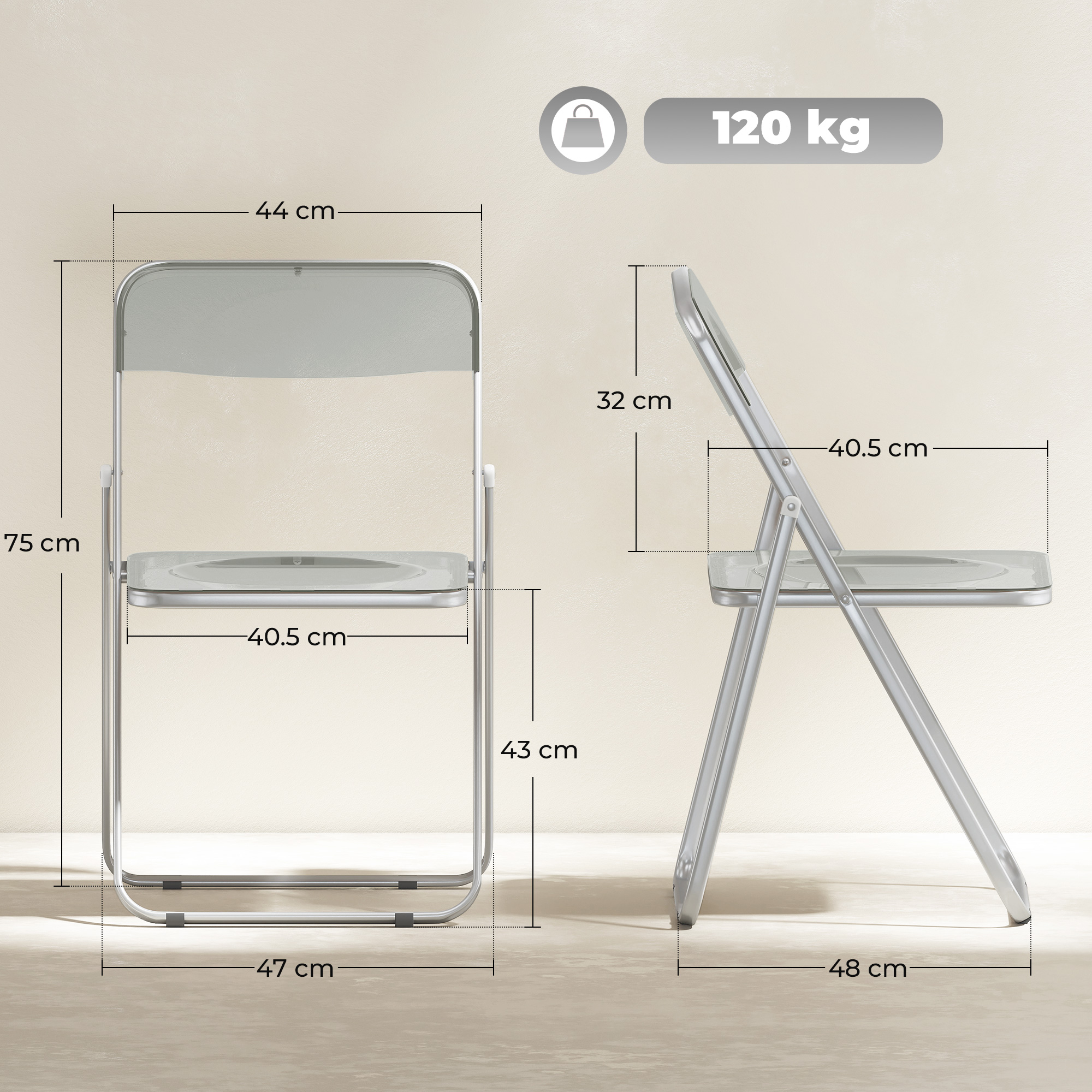 Sedia pieghevole argentata. Dimensioni: 75 cm A, 44 cm L, 40,5 cm P, capacità 120 kg.