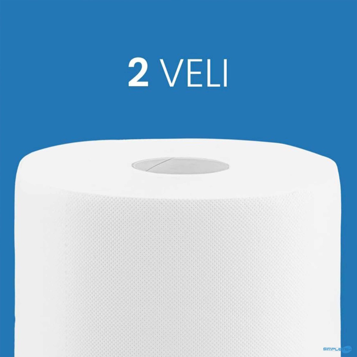 Un rotolo di carta da cucina bianco con la scritta "2 VELI".