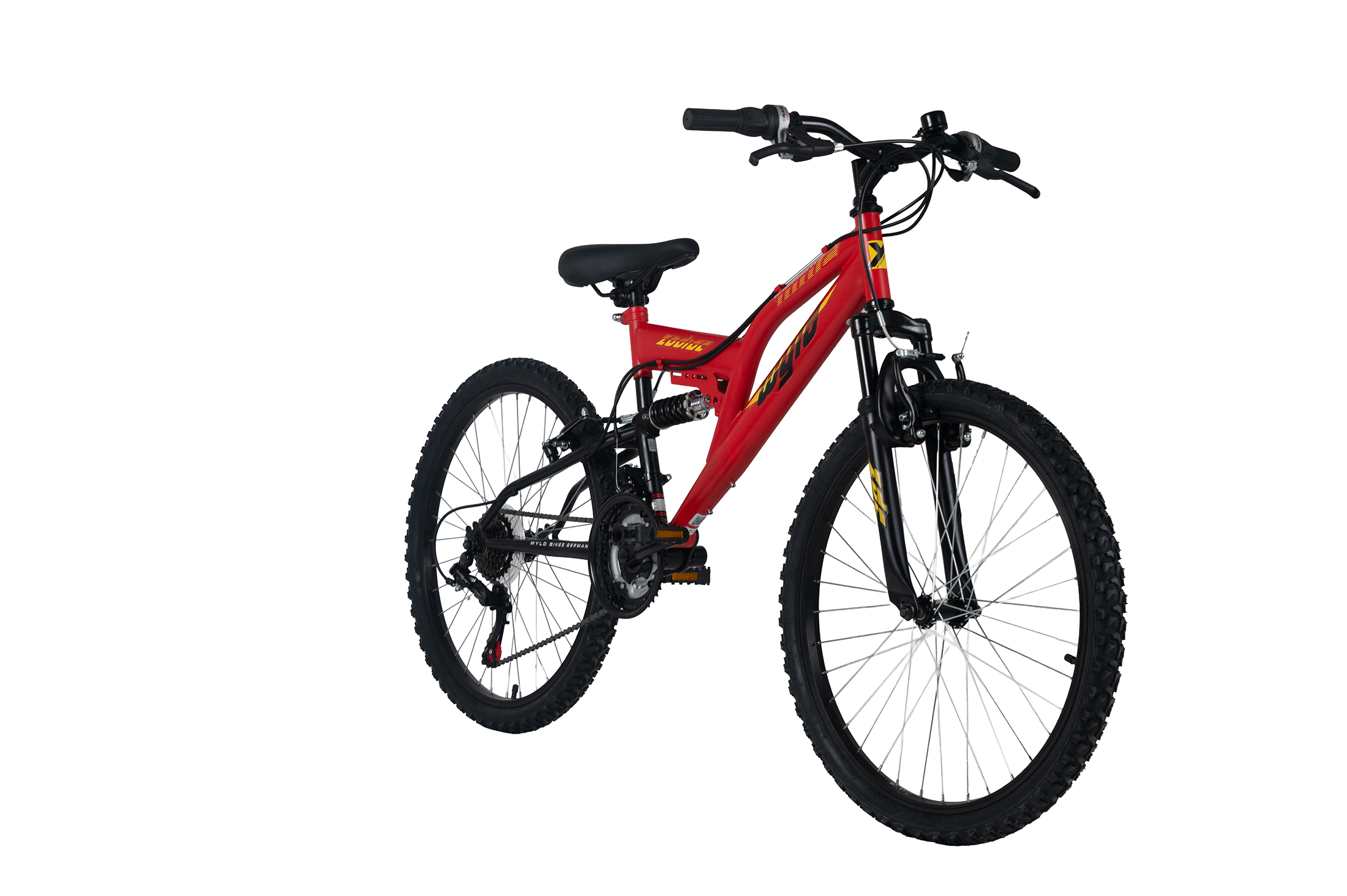 Ein rotes Mountainbike mit schwarzen Reifen, Felgen und Sattel.