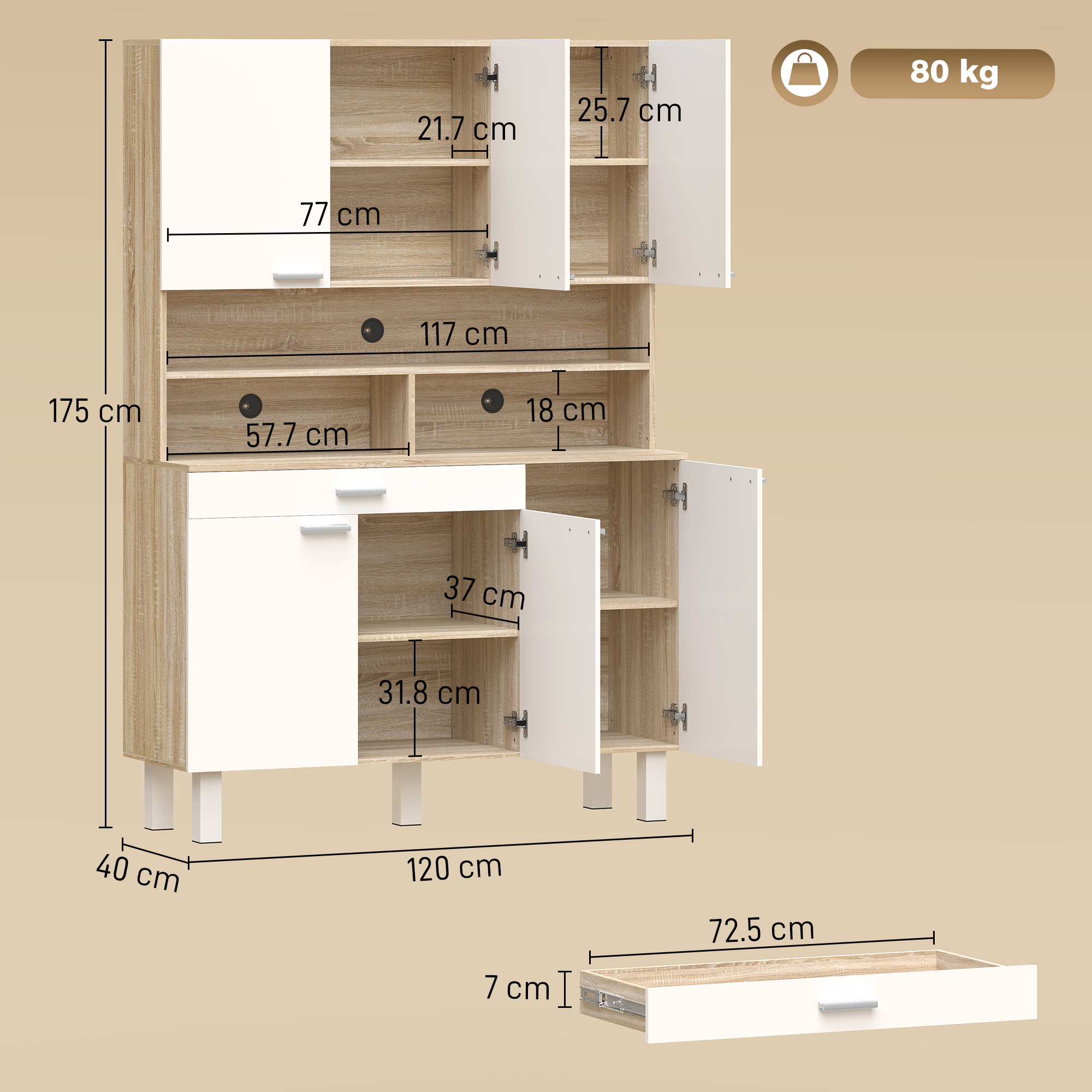 Un mobile bianco e in legno con dimensioni e ante aperte.