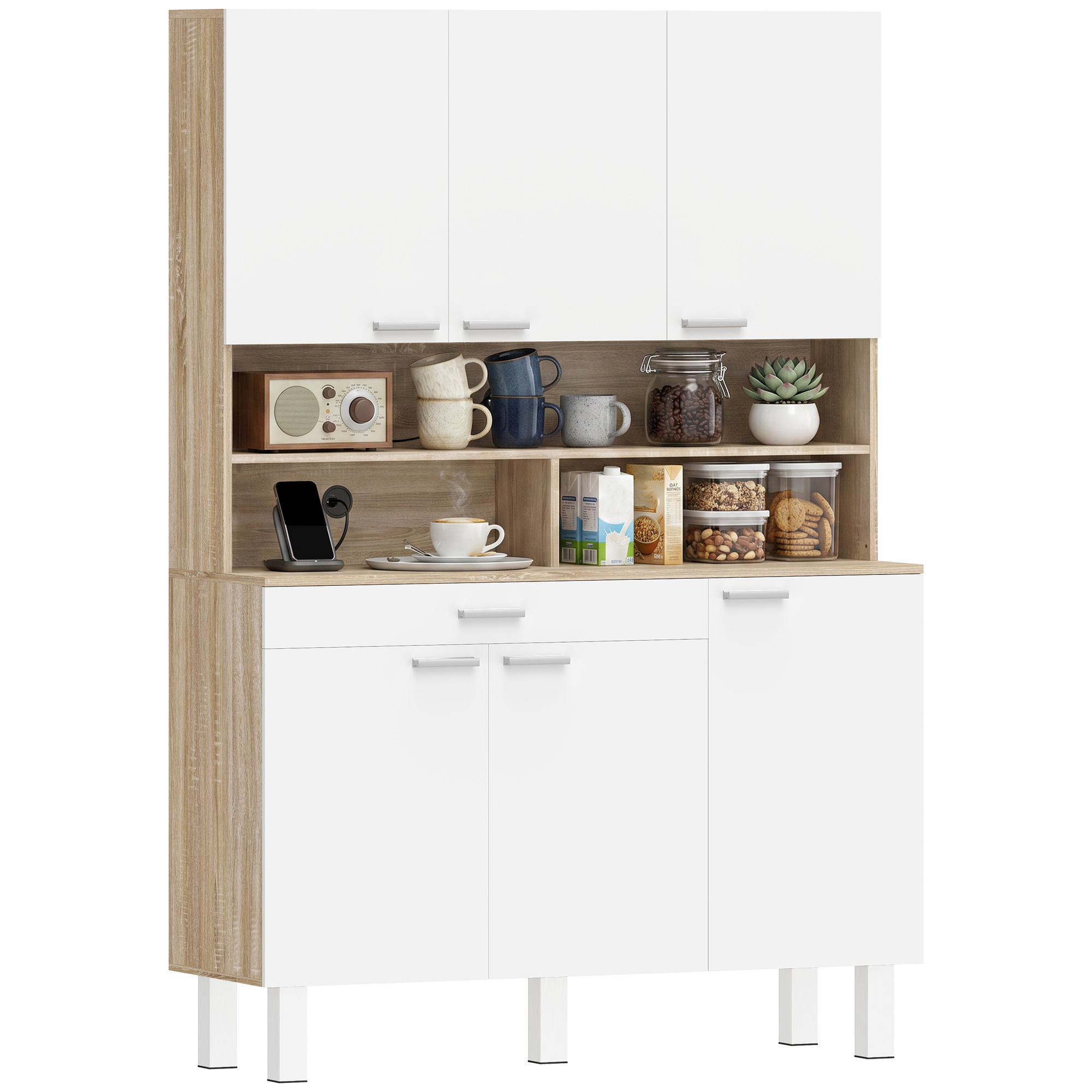 Mobile da cucina bianco con accenti in legno, contenente tazze, radio, telefono e cibi.