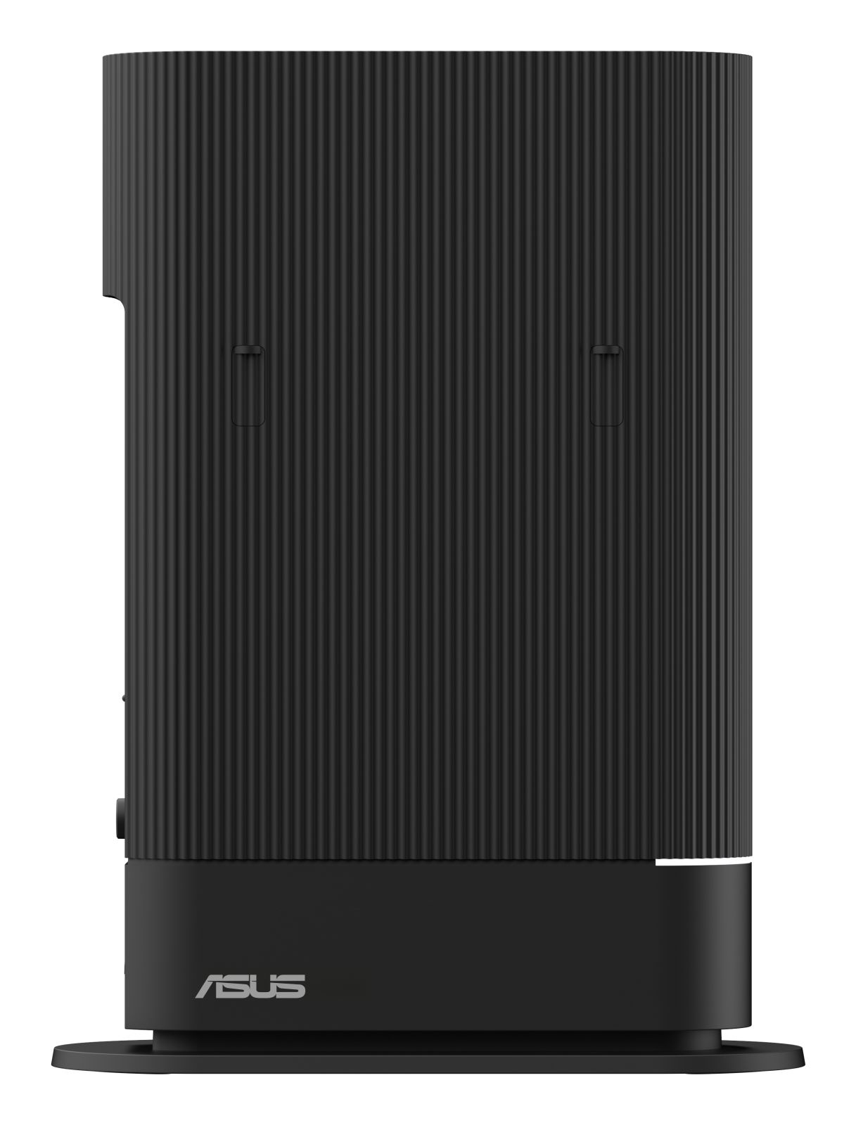 Appareil ASUS noir à rainures verticales et logo argenté.