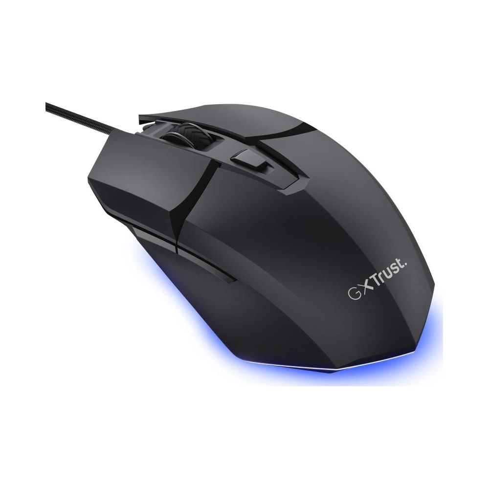 Mouse gaming nero con illuminazione blu e rotellina.
