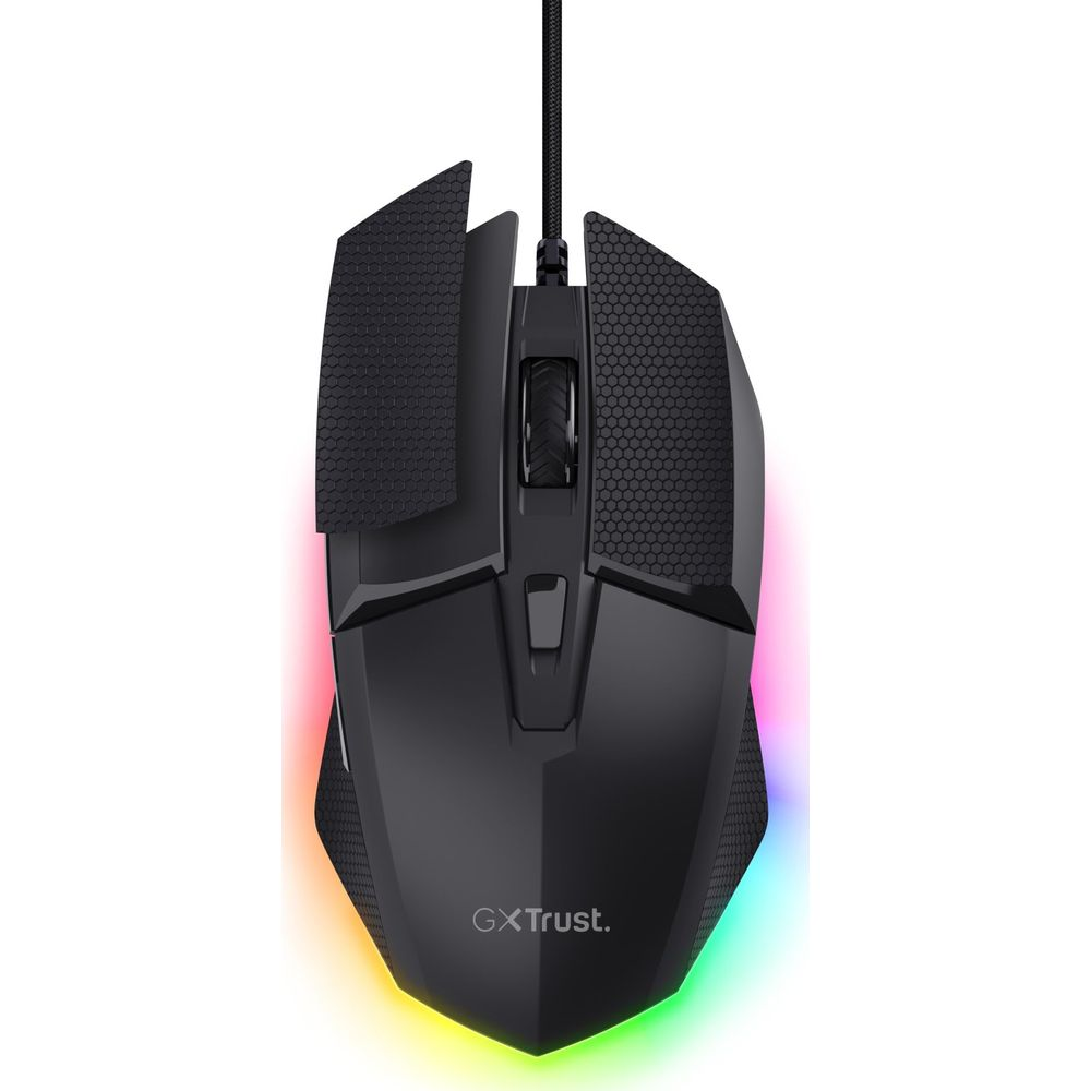 Mouse gaming nero con illuminazione RGB e logo GXT Trust.