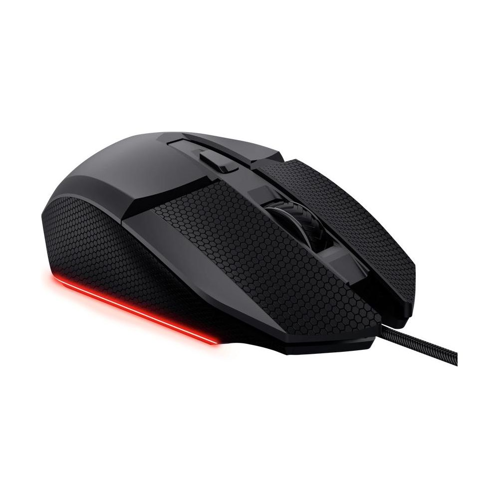 Mouse da gaming nero con accenti LED rossi e motivo a nido d'ape.