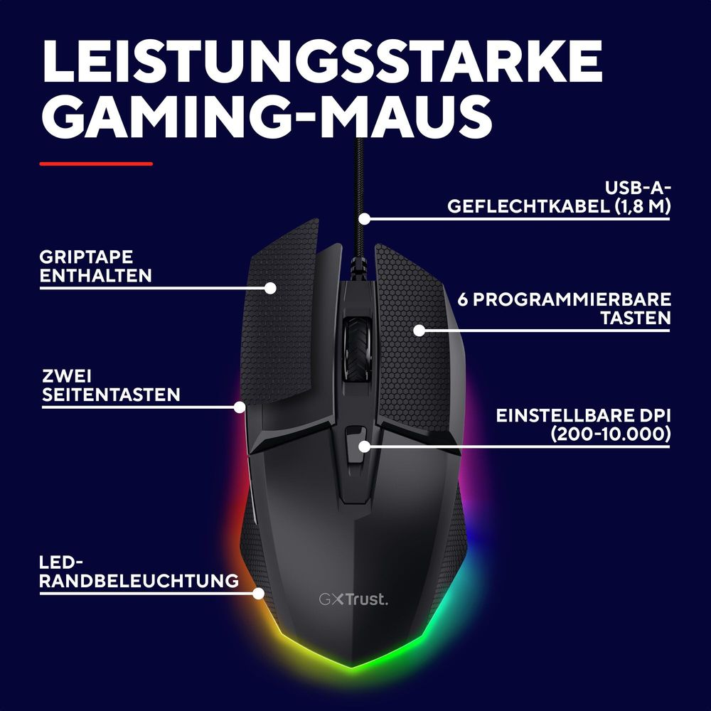 Mouse da gaming con illuminazione RGB, 6 pulsanti e DPI regolabile.