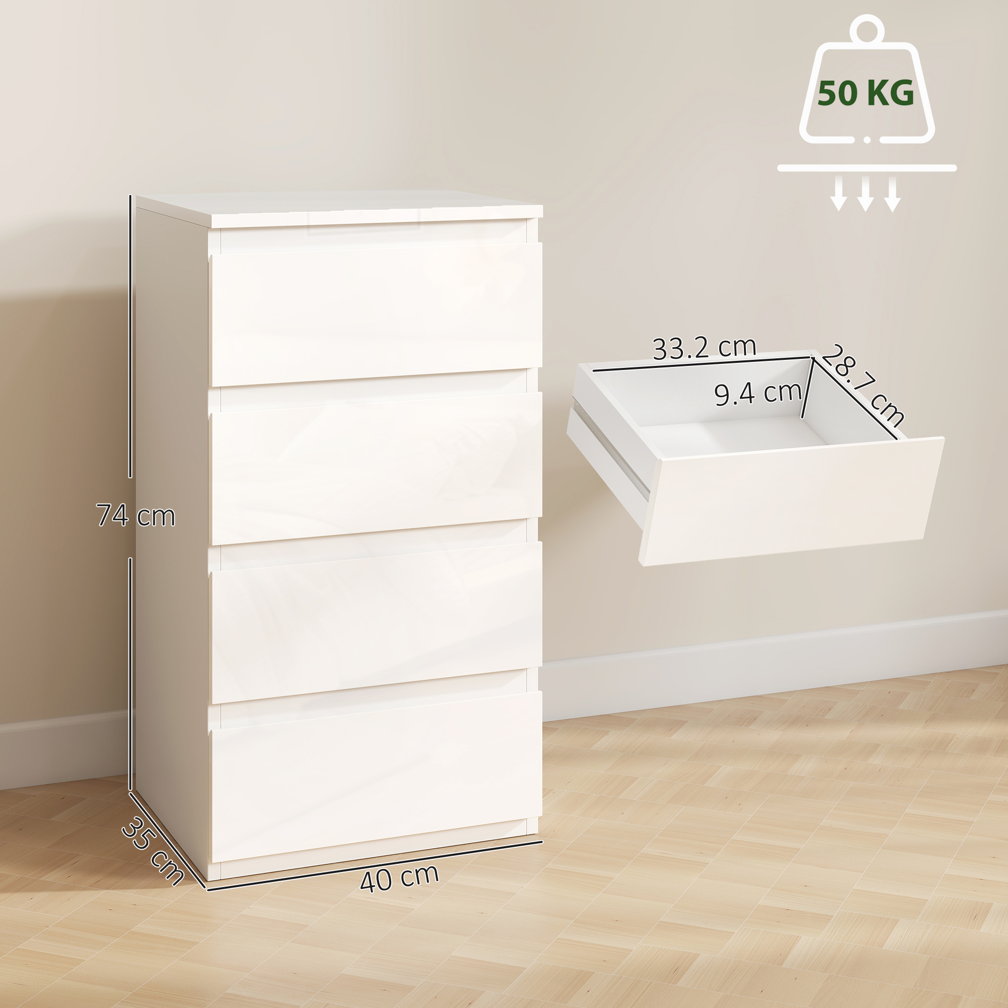 Comodino bianco a cinque cassetti con dimensioni indicate. Un cassetto estratto.
