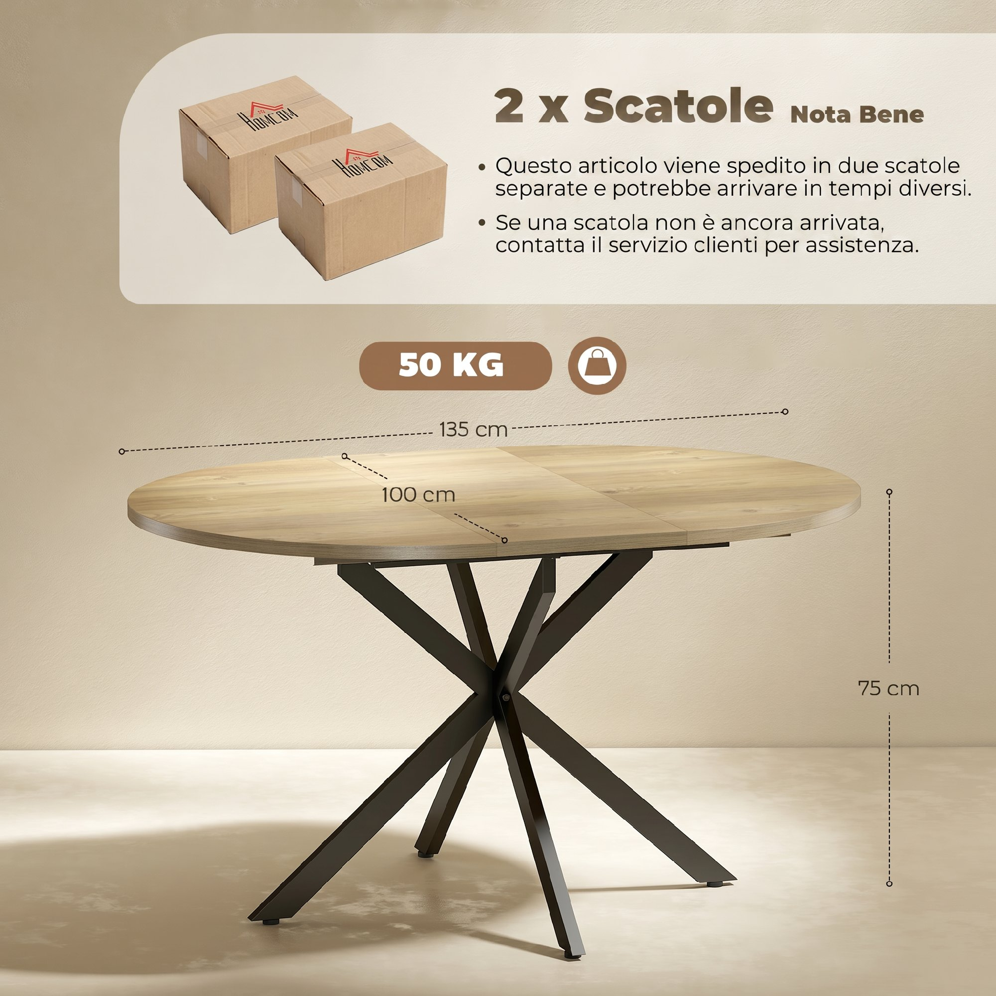 Tavolo rotondo in legno con base in metallo nero. Dimensioni: 135x100x75cm. Due scatole.