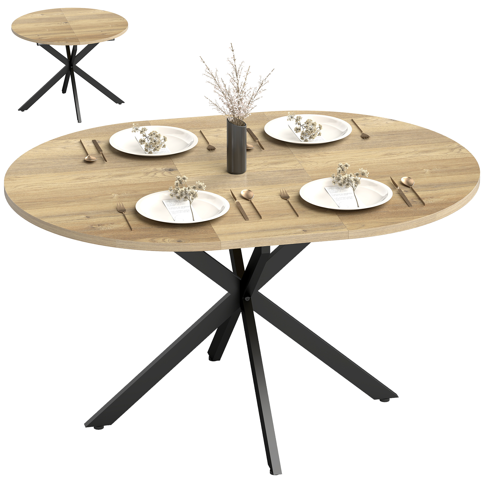 Tavolo in legno con base a croce nera, apparecchiato con quattro piatti, posate e vaso.