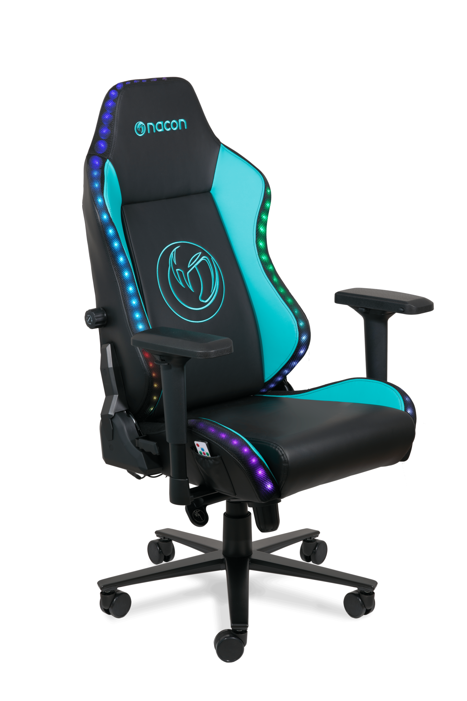Silla gamer negra con detalles turquesa e iluminación LED RGB en los laterales.