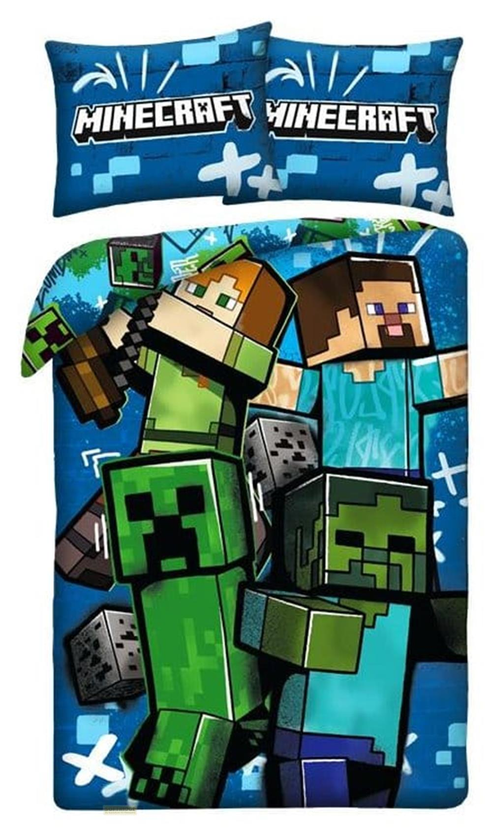 Personaggi Minecraft Steve, Alex, Creeper e Zombie su biancheria da letto blu con cuscini logo Minecraft.