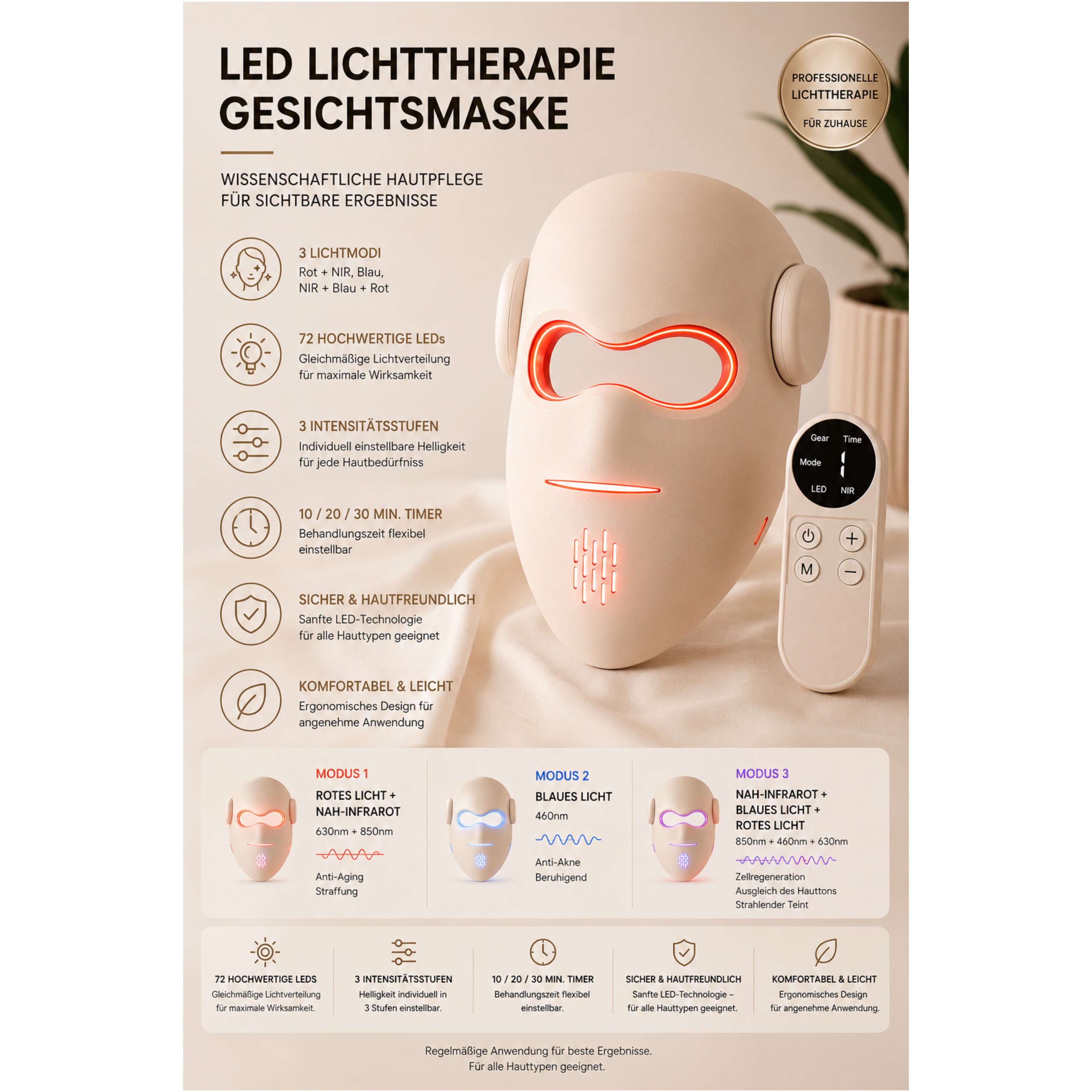 Una maschera viso LED beige con telecomando che offre varie modalità di terapia della luce.