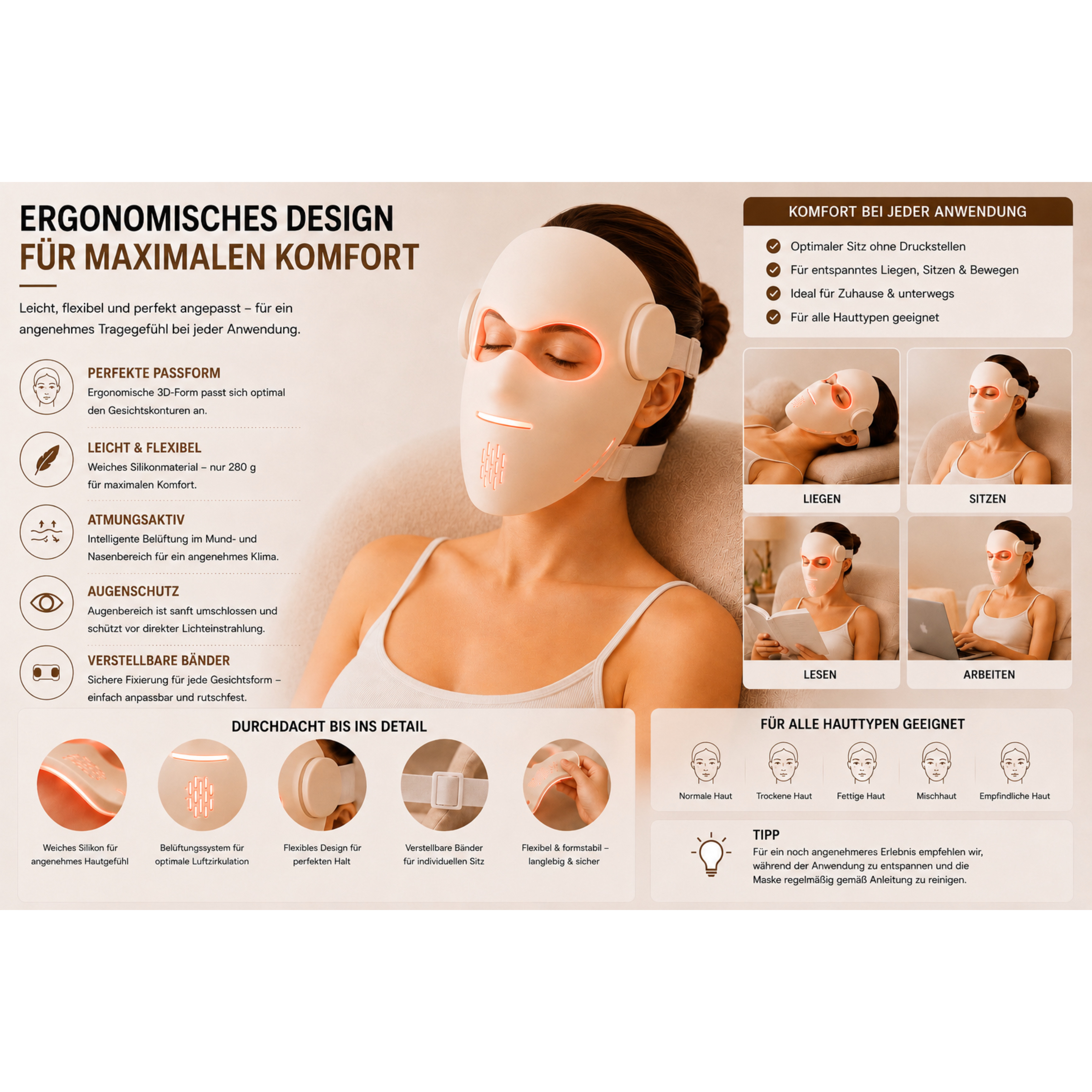 Donna con maschera facciale bianca e luci rosse, ideale per comfort e cura della pelle.