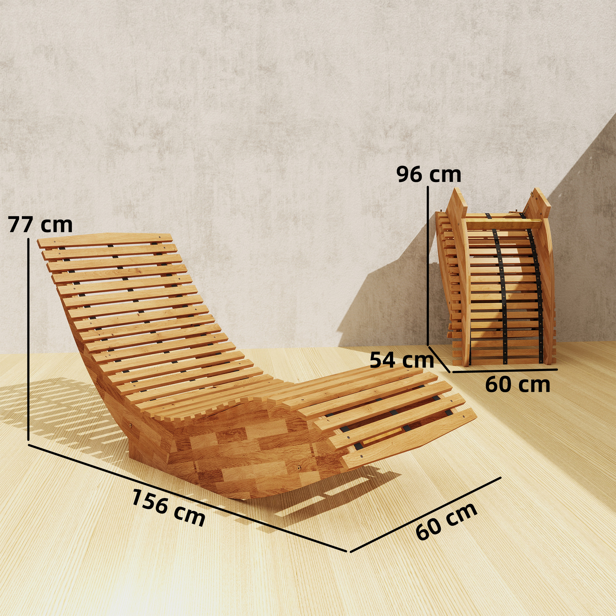 Una sdraio in legno (156x60x77 cm) e una rete da letto piegata (96x60x54 cm).