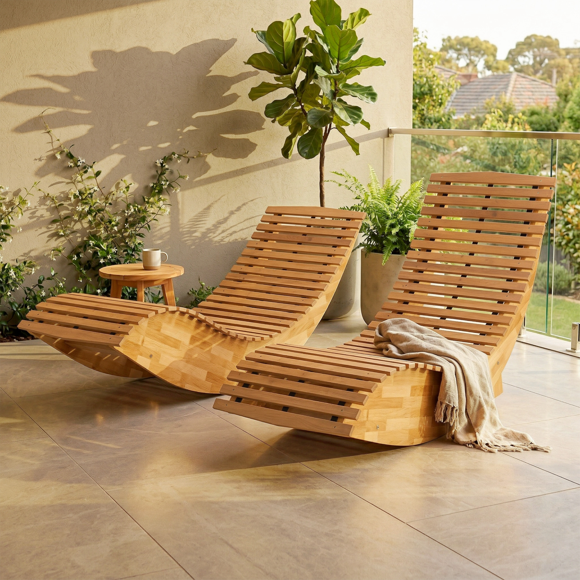 Due lettini in legno su un patio con piante e una tazza di caffè.