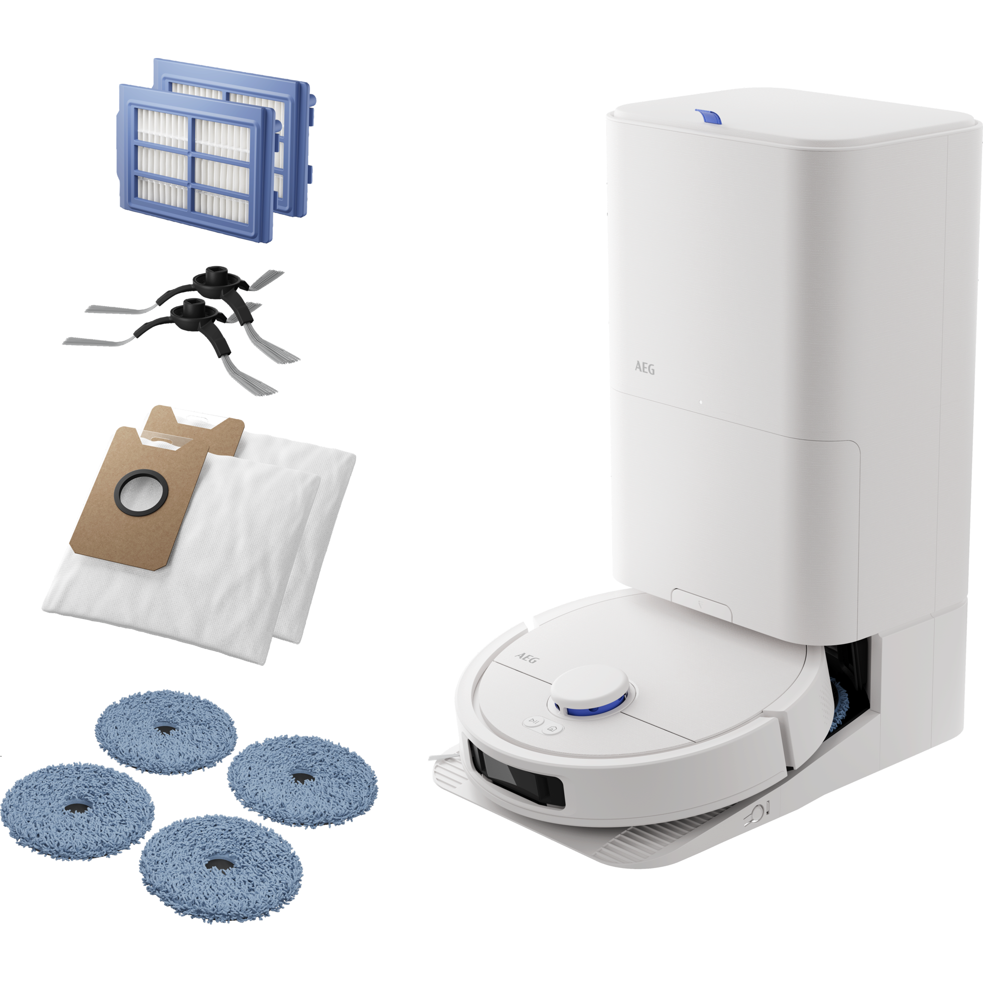 Un robot aspirador blanco con estación de carga y accesorios como filtros, cepillos y mopas.