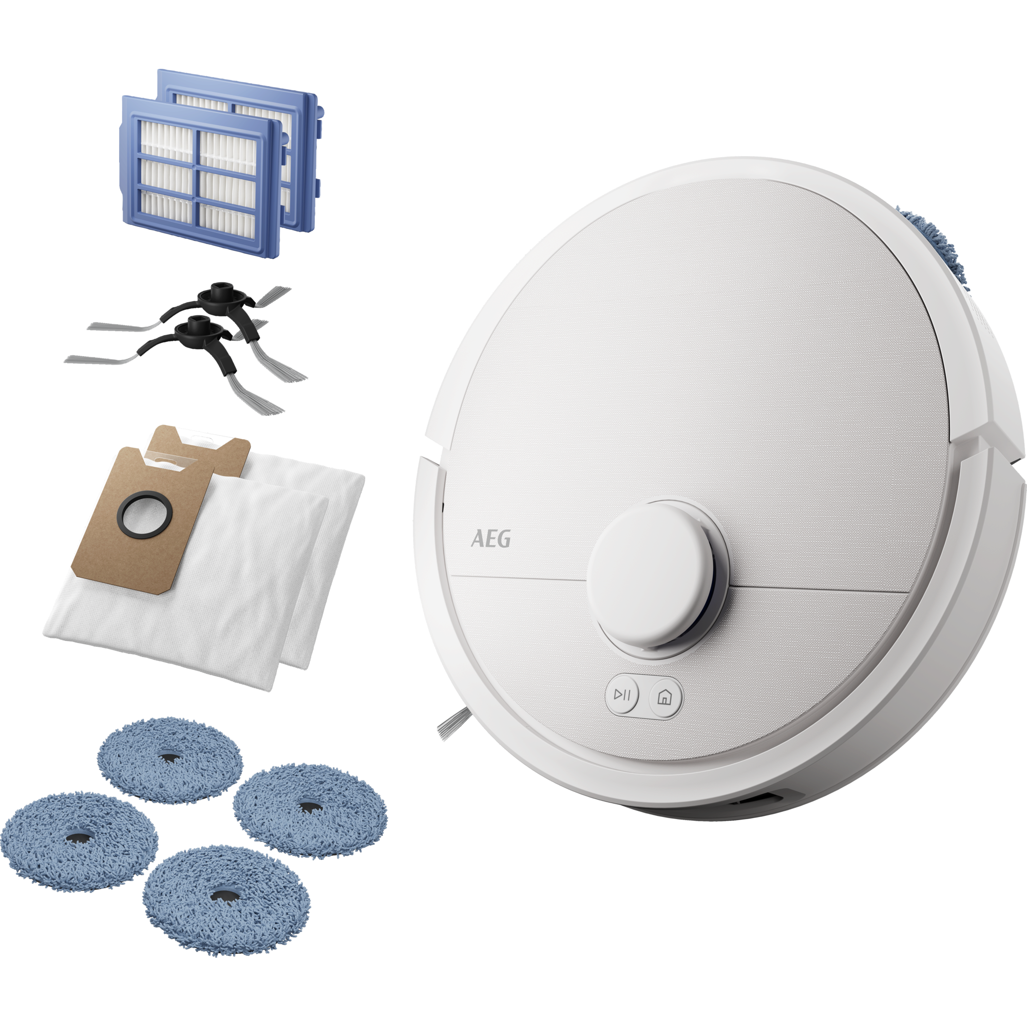 Un robot aspirador blanco con accesorios: filtros, cepillos, bolsas y mopas.