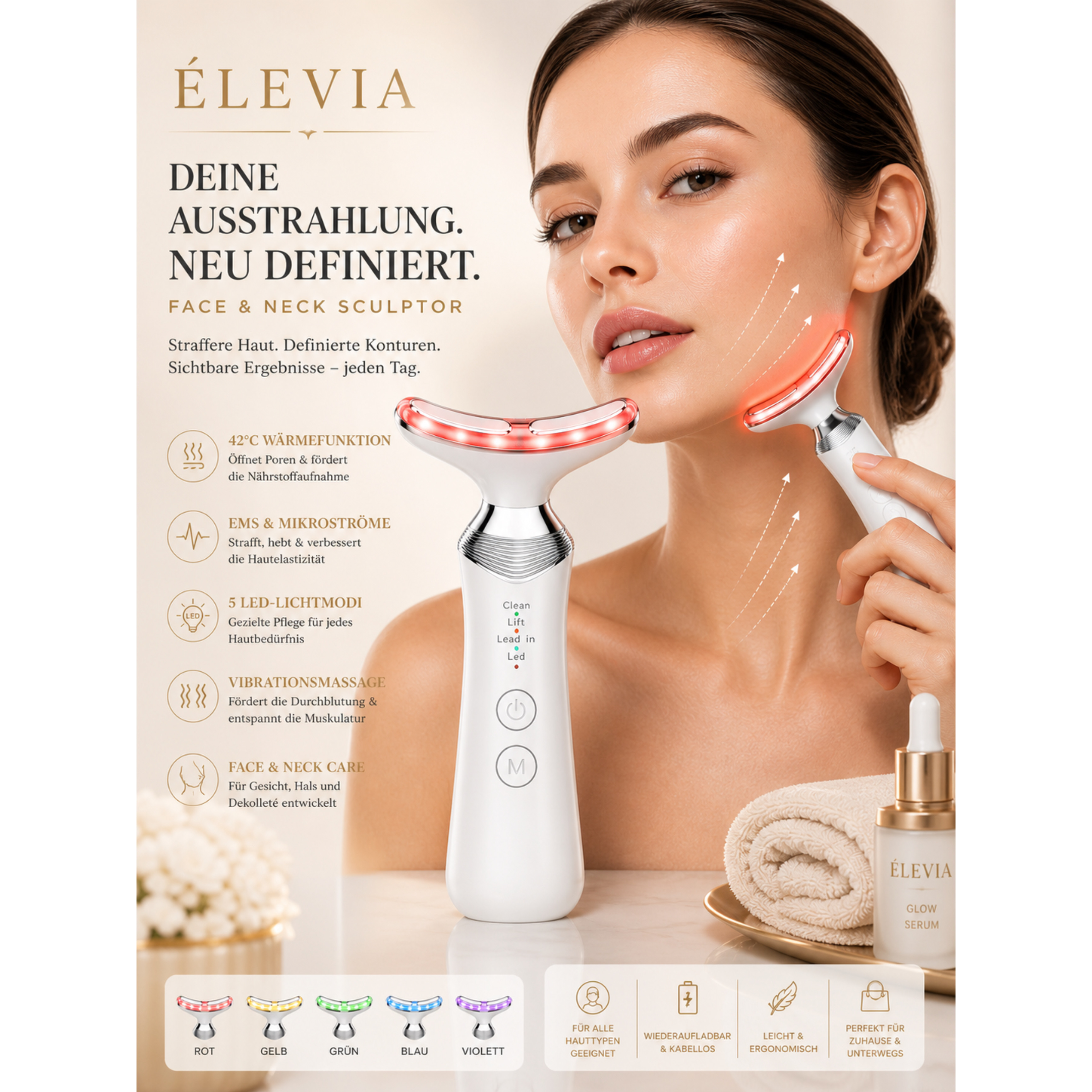 Ein Beauty-Gerät für Gesicht und Hals mit roten LEDs, daneben eine Frau mit makelloser Haut.