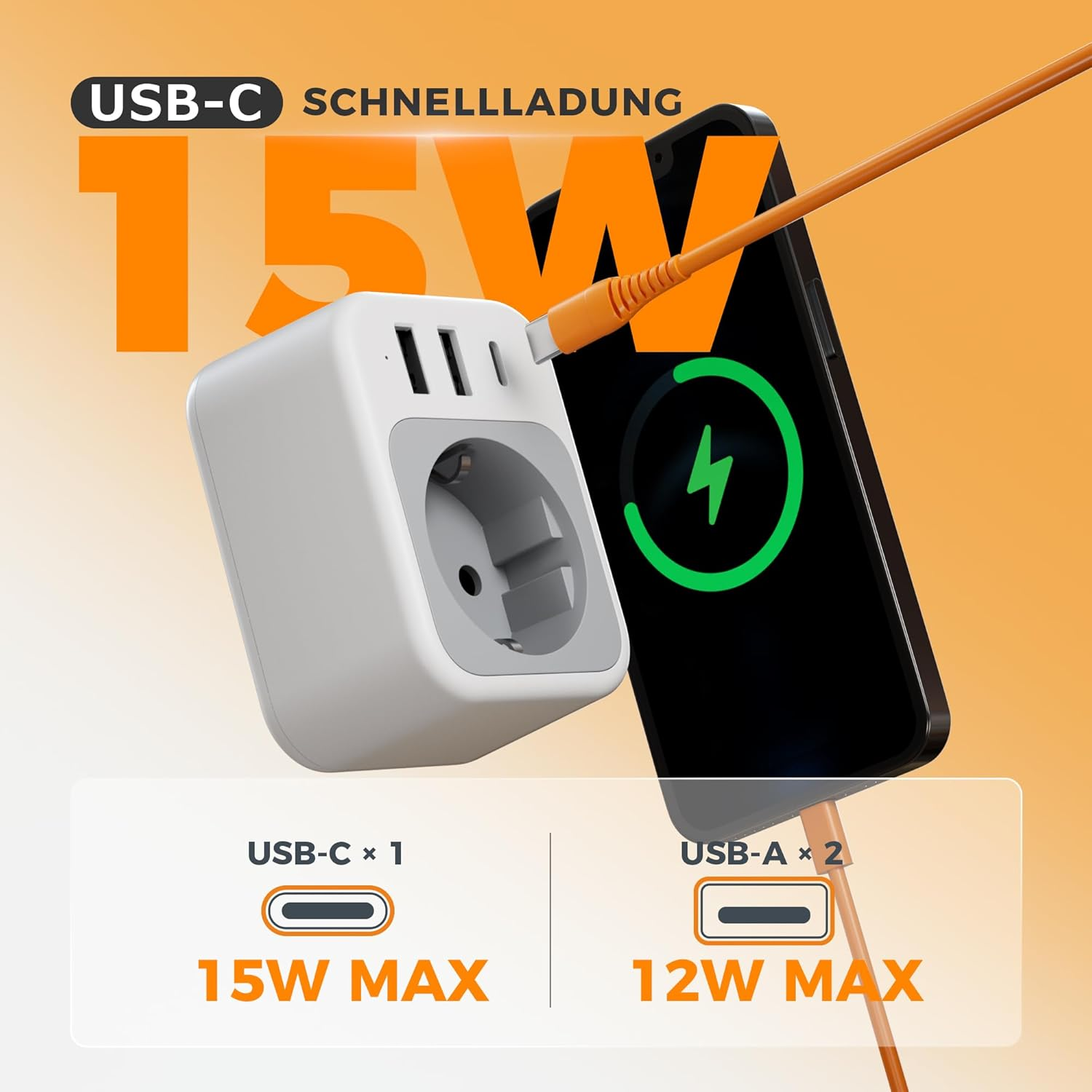 Un adaptador USB-C blanco con un teléfono cargándose. Carga rápida de 15W.