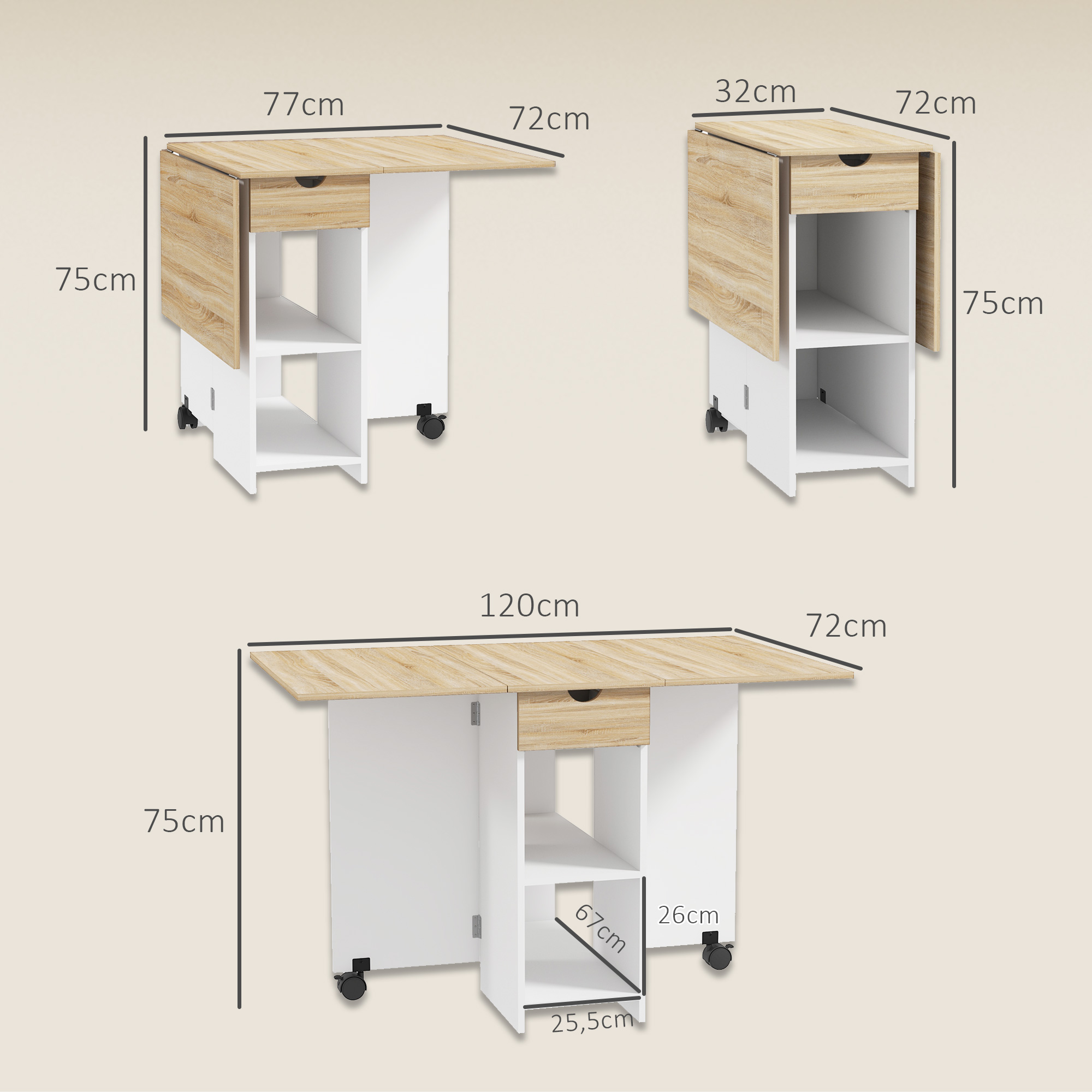 Tavolo a ribalta con piano in legno e ripiani bianchi. Dimensioni indicate.
