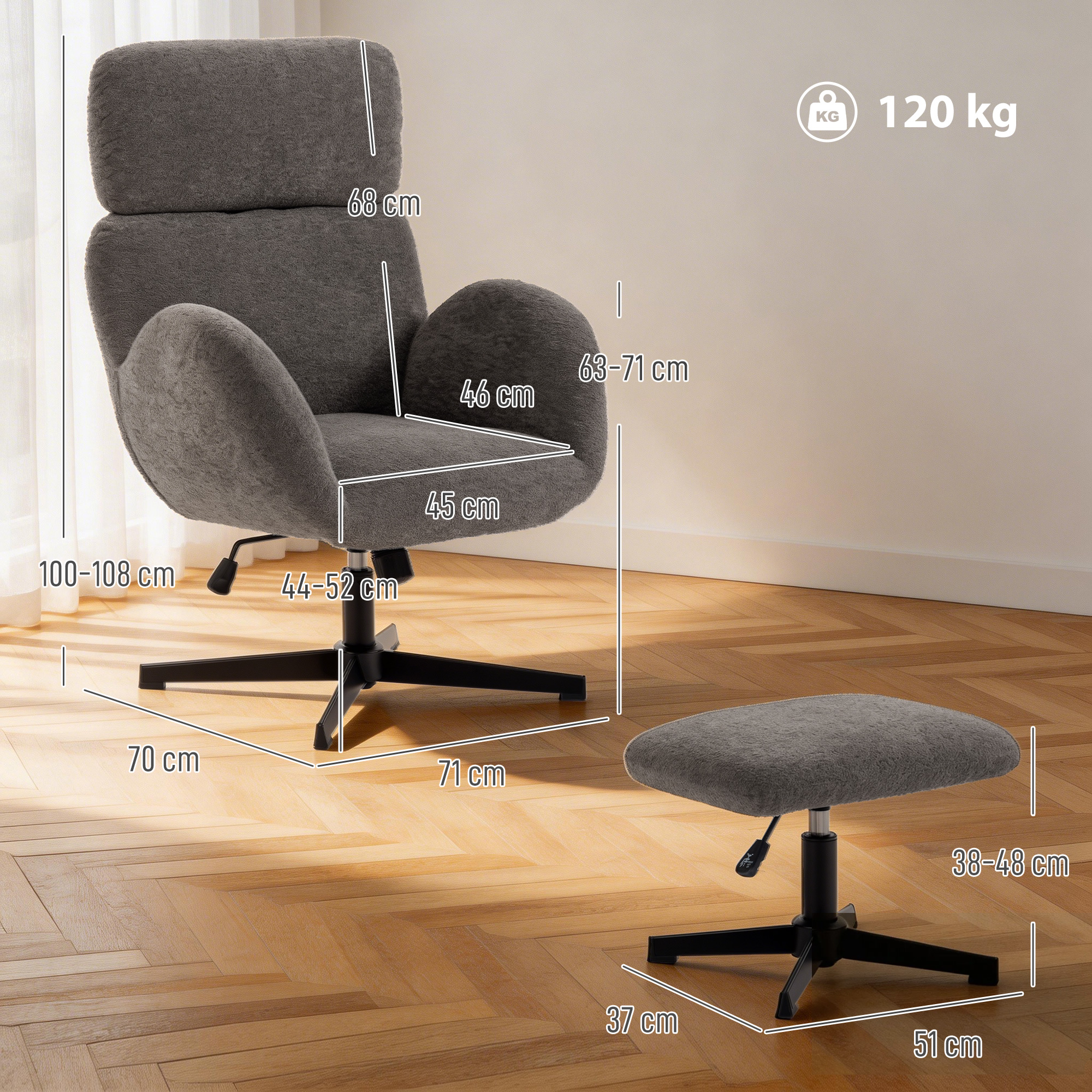 Sedia in tessuto grigio con misure e poggiapiedi. Max 120 kg.